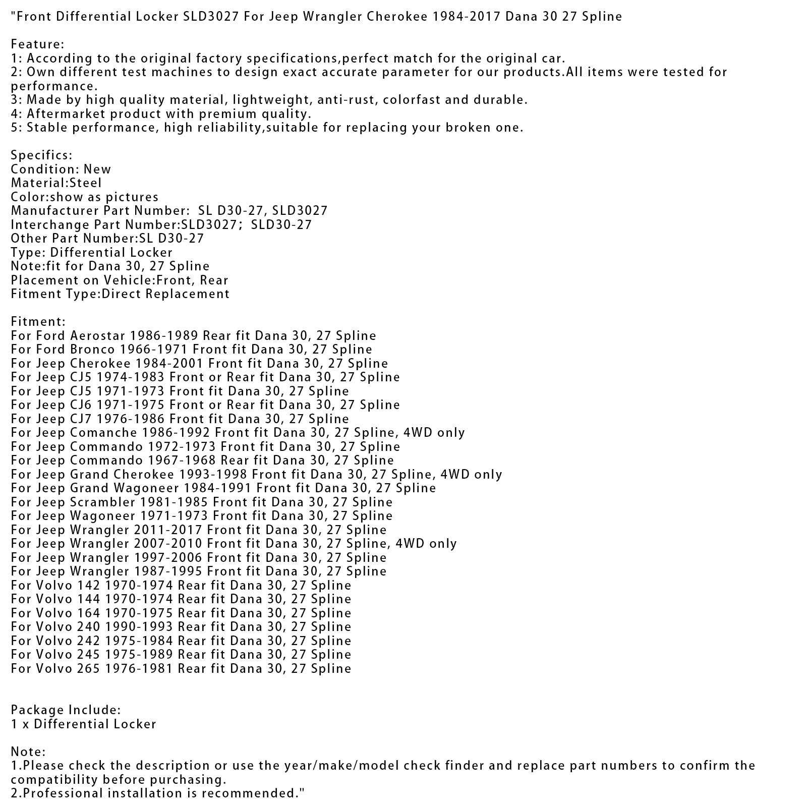 2007-2010 Jeep Wrangler Front fit Dana 30, 27 Spline, 4WD only Front Differential Locker SLD3027
