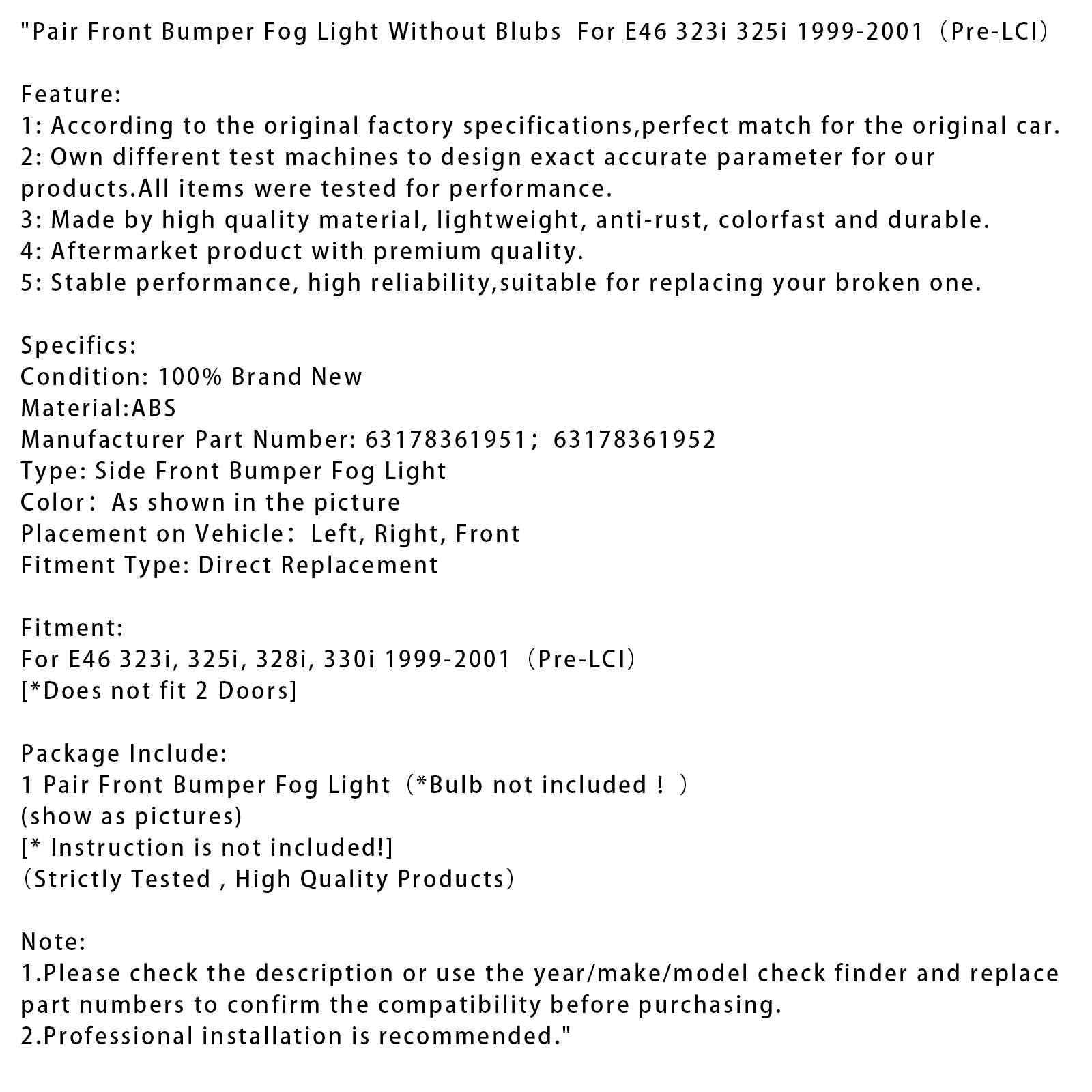 Paar voorbumper mistlamp zonder lampen voor E46 323i 325i 1998-2001 (Pre-LCI)