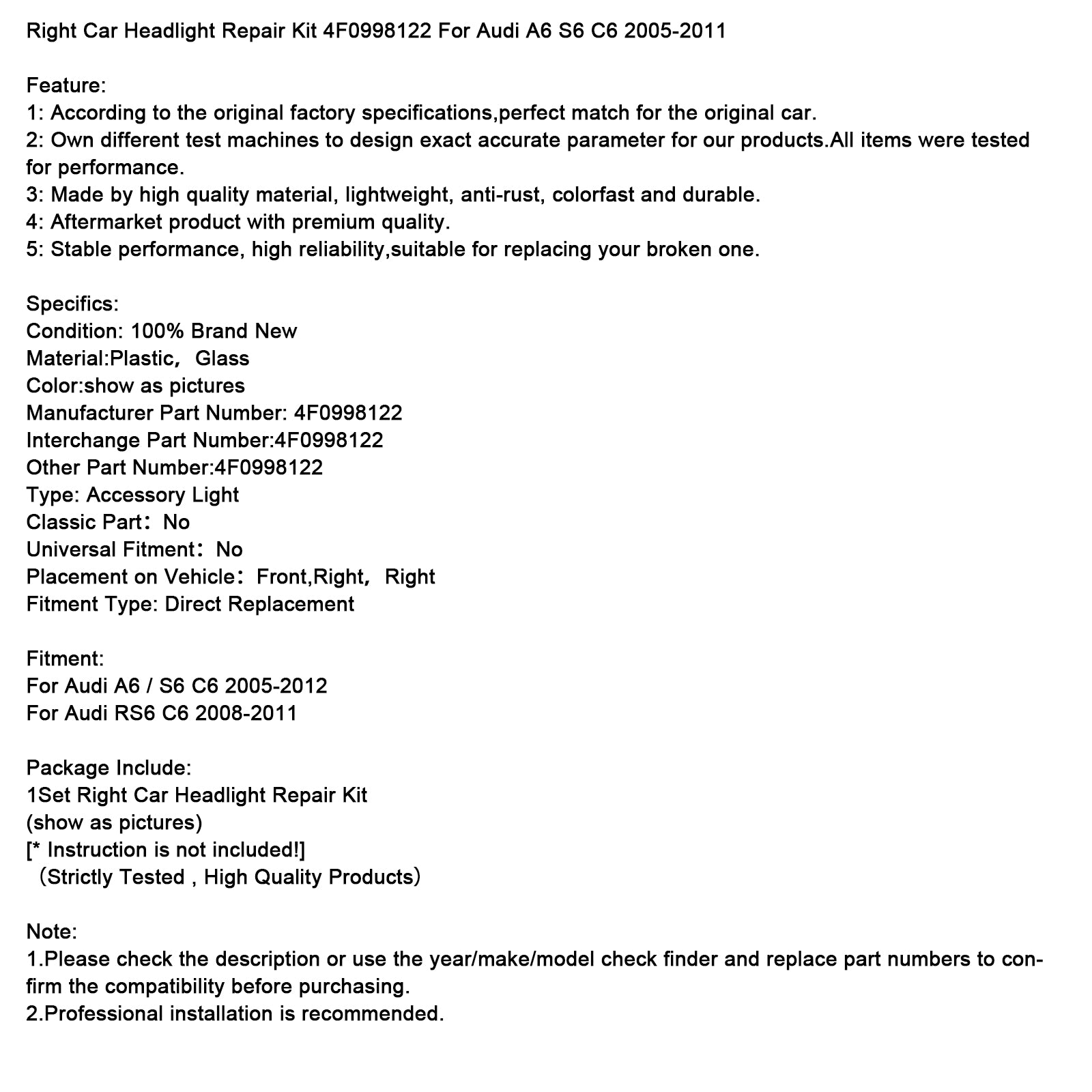 Kit de reparación de faros de coche derecho 4F0998122 para Audi A6 S6 C6 2005-2011