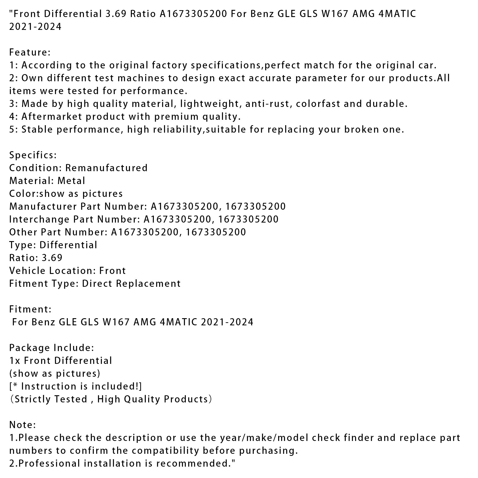 2021-2024 Benz GLE GLS W167 AMG 4MATIC voordifferentieel 3,69 overbrengingsverhouding A1673305200 1673305200