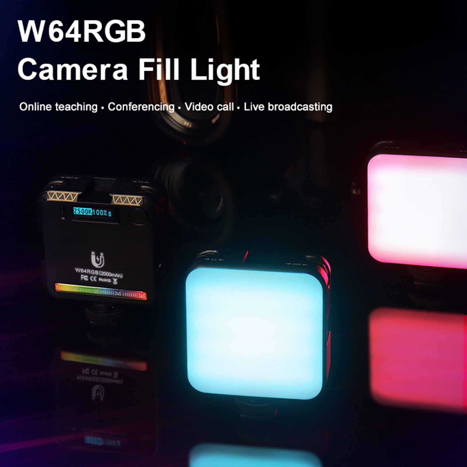 W64Lumière de remplissage de lumière vidéo LED RVB Caméra vidéo Téléphone portable Beauté en direct Extérieur