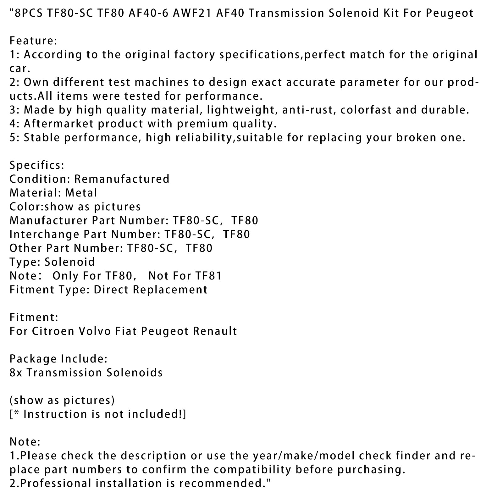 Citroen Volvo Fiat Peugeot Renault 8PCS TF80-SC AF40-6 AWF21 AF40Transmission Solenoid Kit
