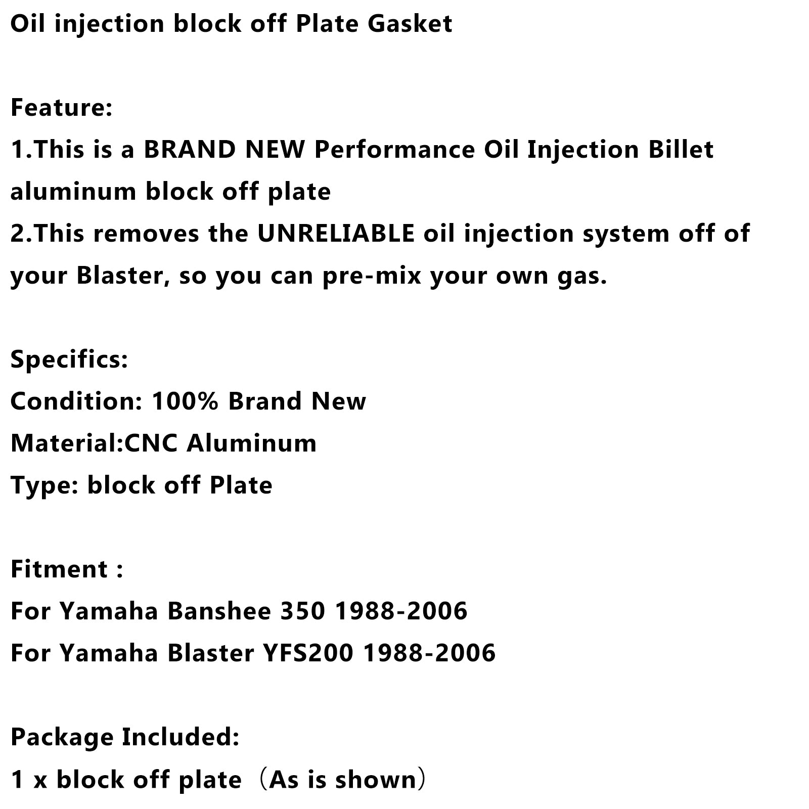 1988-2006 YAMAHA BLASTER YFS200 oljeinjektionsblock utanför plattan packningen
