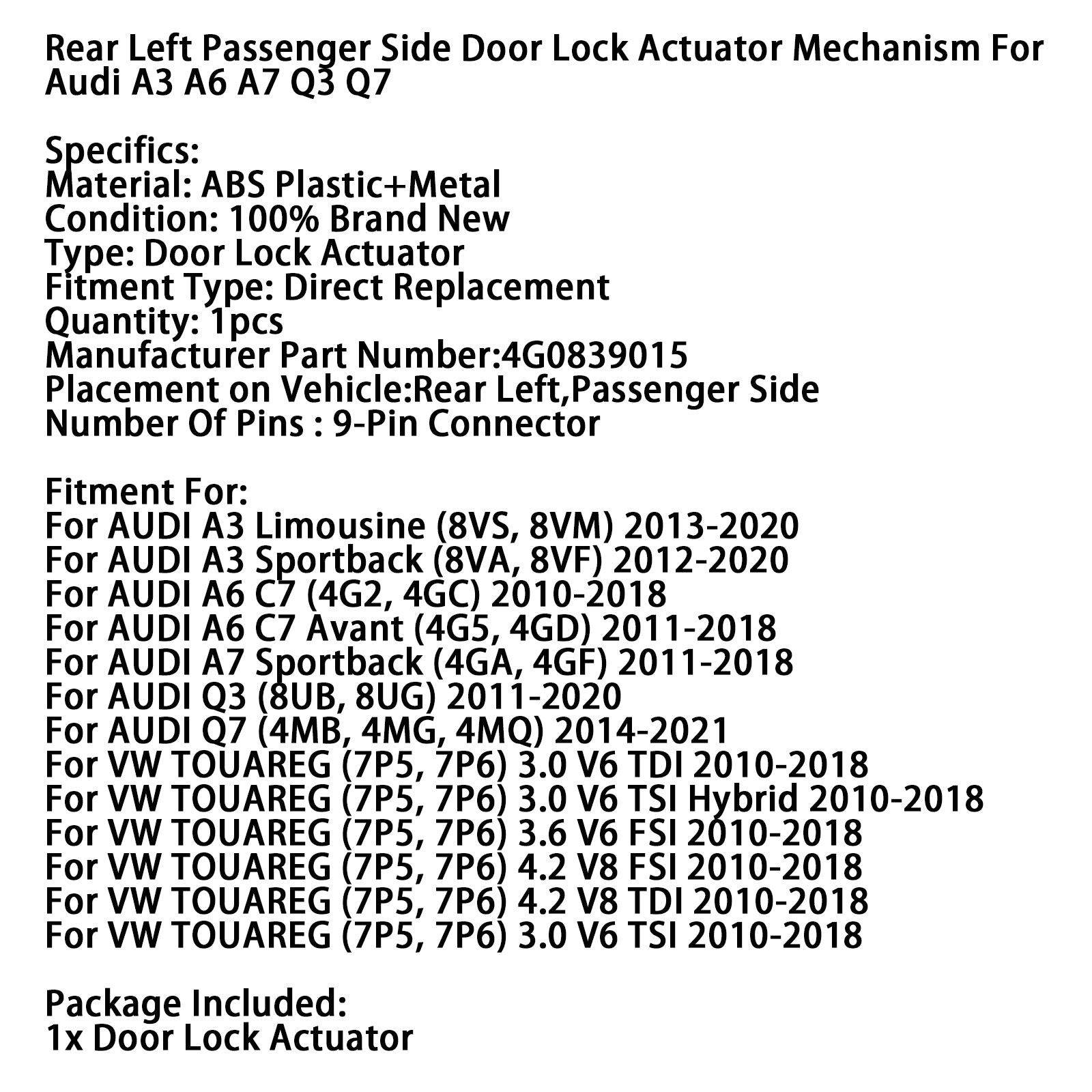 Bakre vänster passagerarsida Dörrlås Ställdon 4G0839015 För Audi A3 A6 A7 Q3 Q7