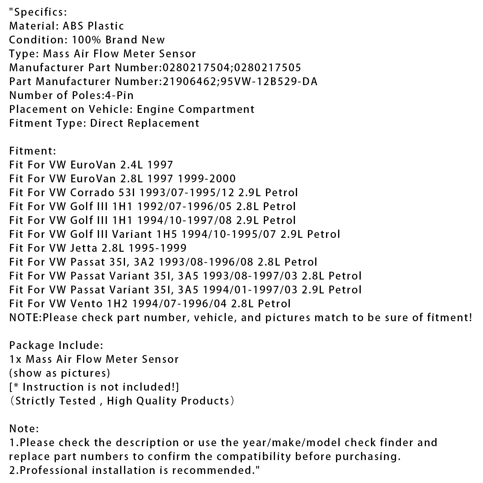 Sensor do medidor de fluxo de ar em massa para VW Golf III Corrado VR6 0280217504