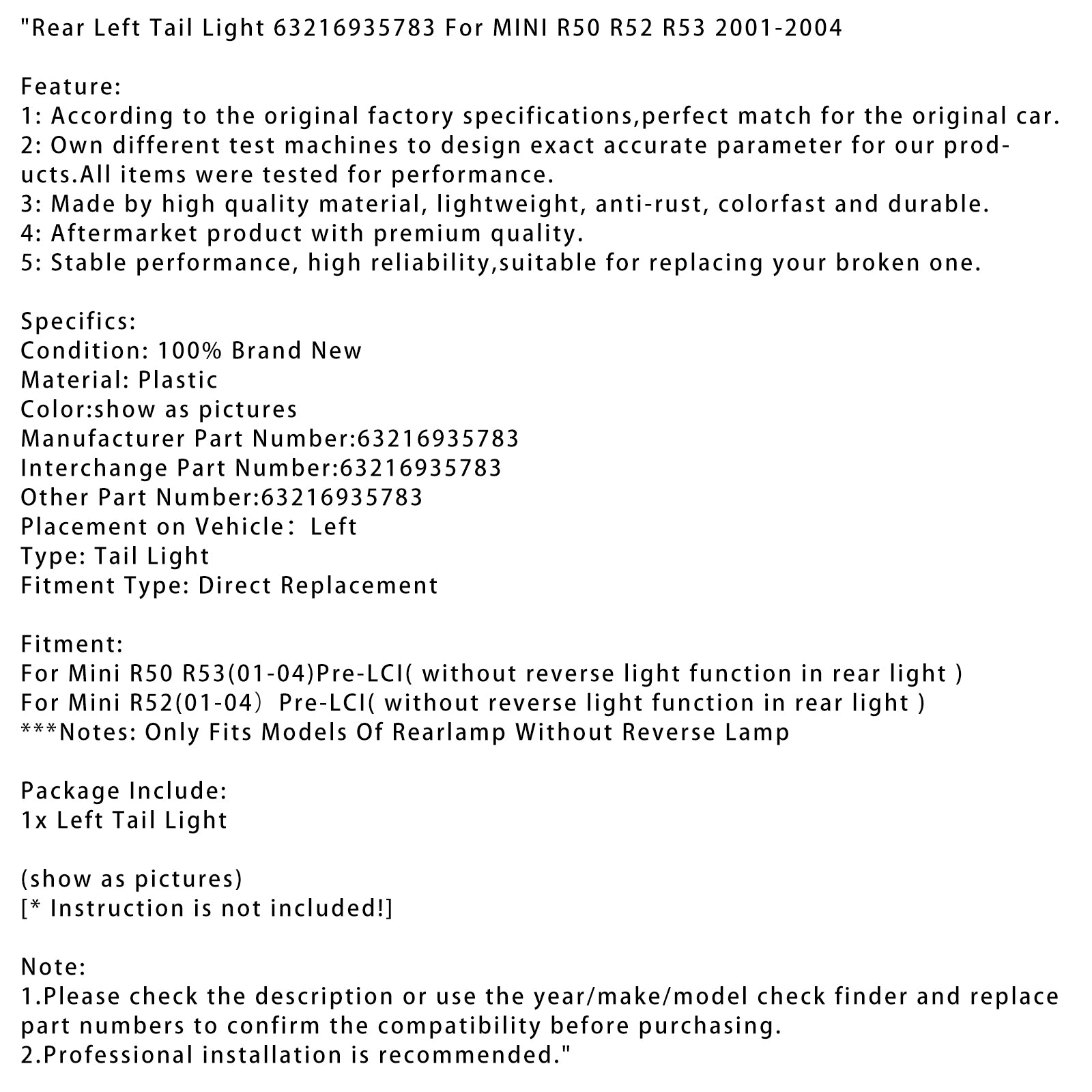 Luz trasera izquierda 63216935783 para MINI R50 R52 R53 2001-2004