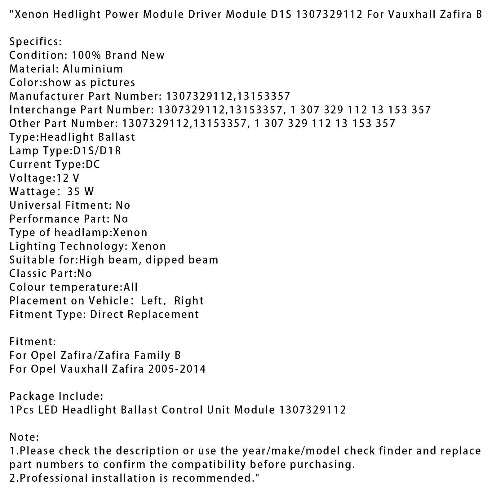Opel Zafira/Zafira Family B Xenon Hedlight Power Module Driver Module D1S 1307329112