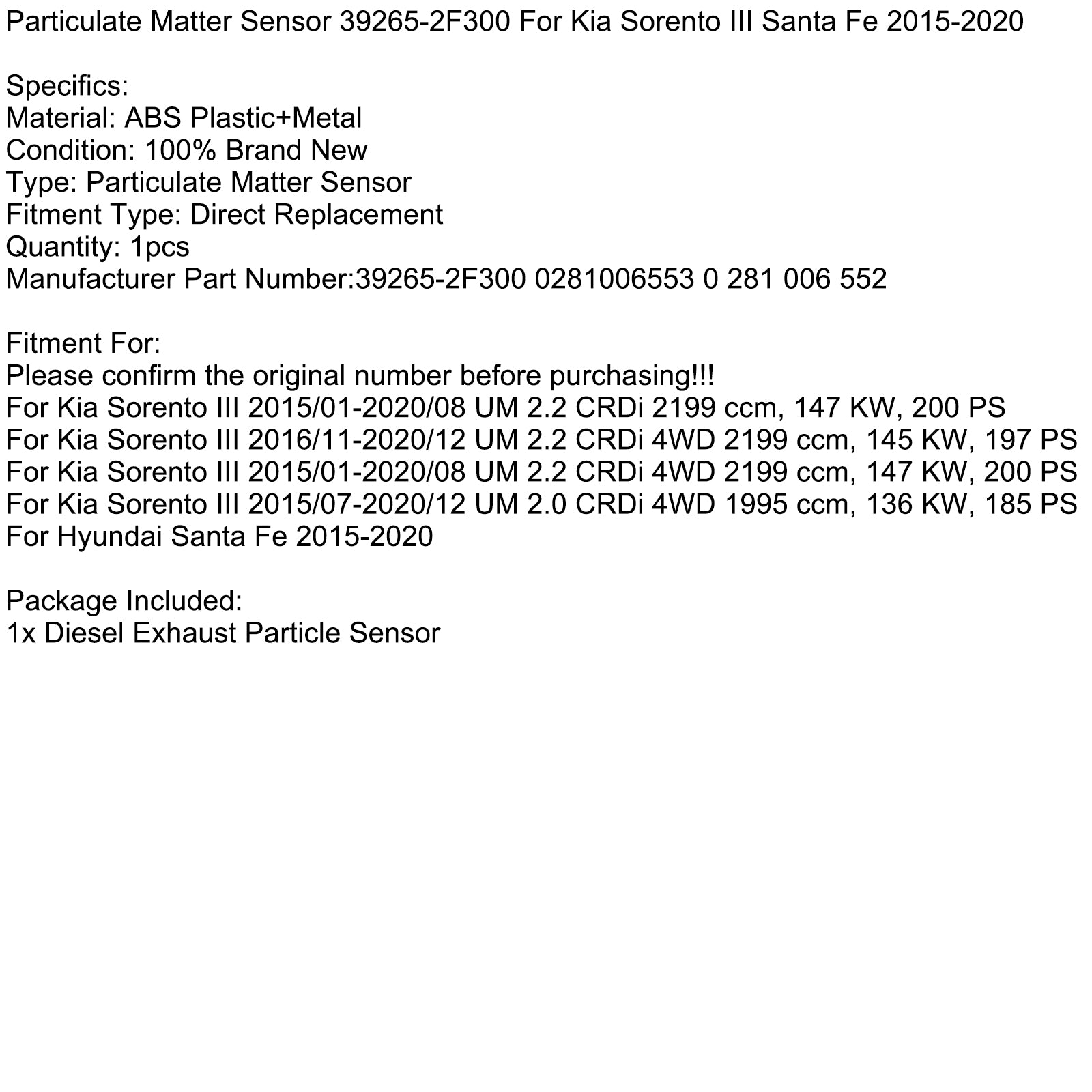 Particulate Matter Sensor 39265-2F300 for Kia Sorento III Santa FE 2015-2020