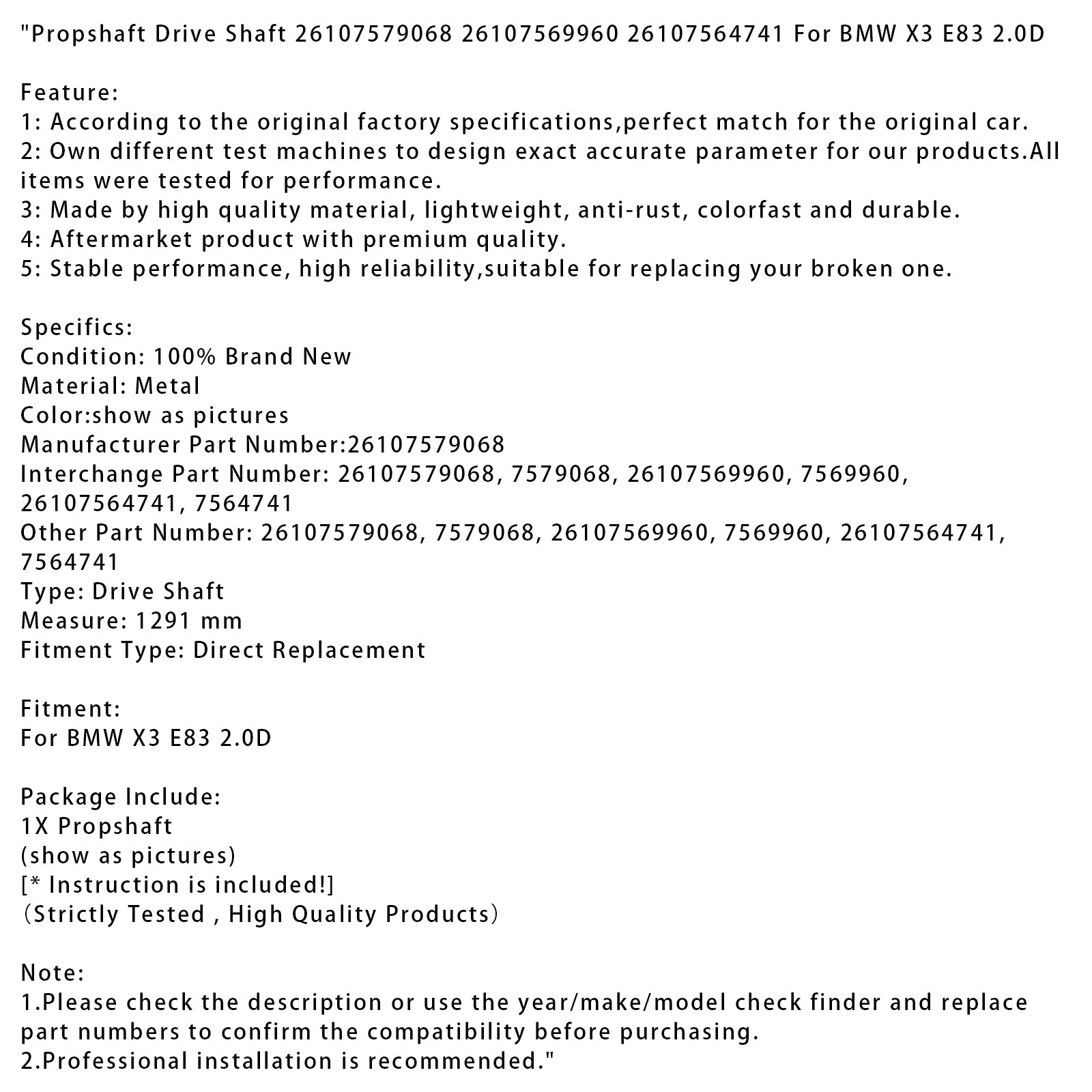 BMW X3 E83 2.0D aandrijfas 26107579068 26107569960 26107564741