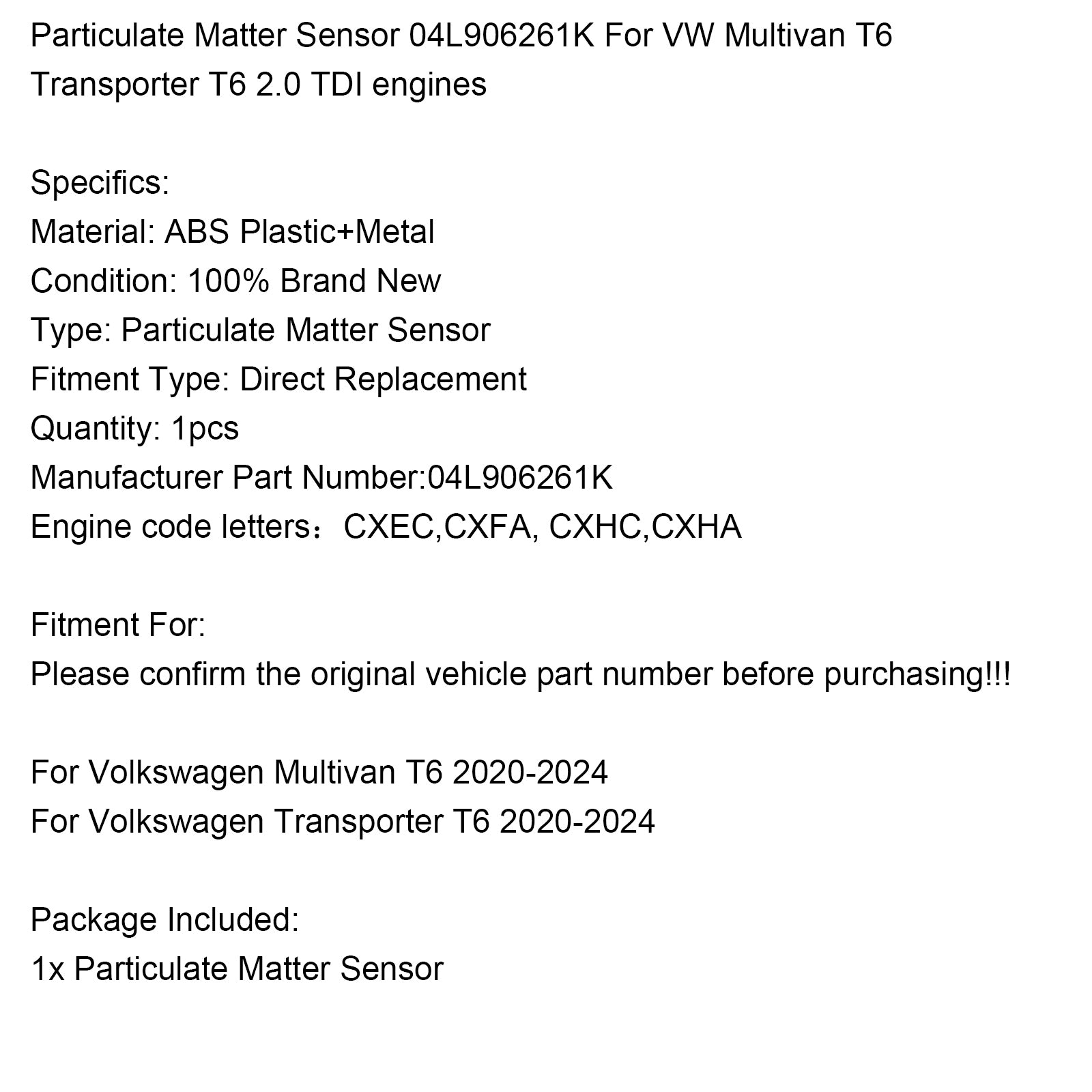 2020-2024 VW Multivan T6 Transporter T6 2.0 TDI fijnstofsensor 04L906261K