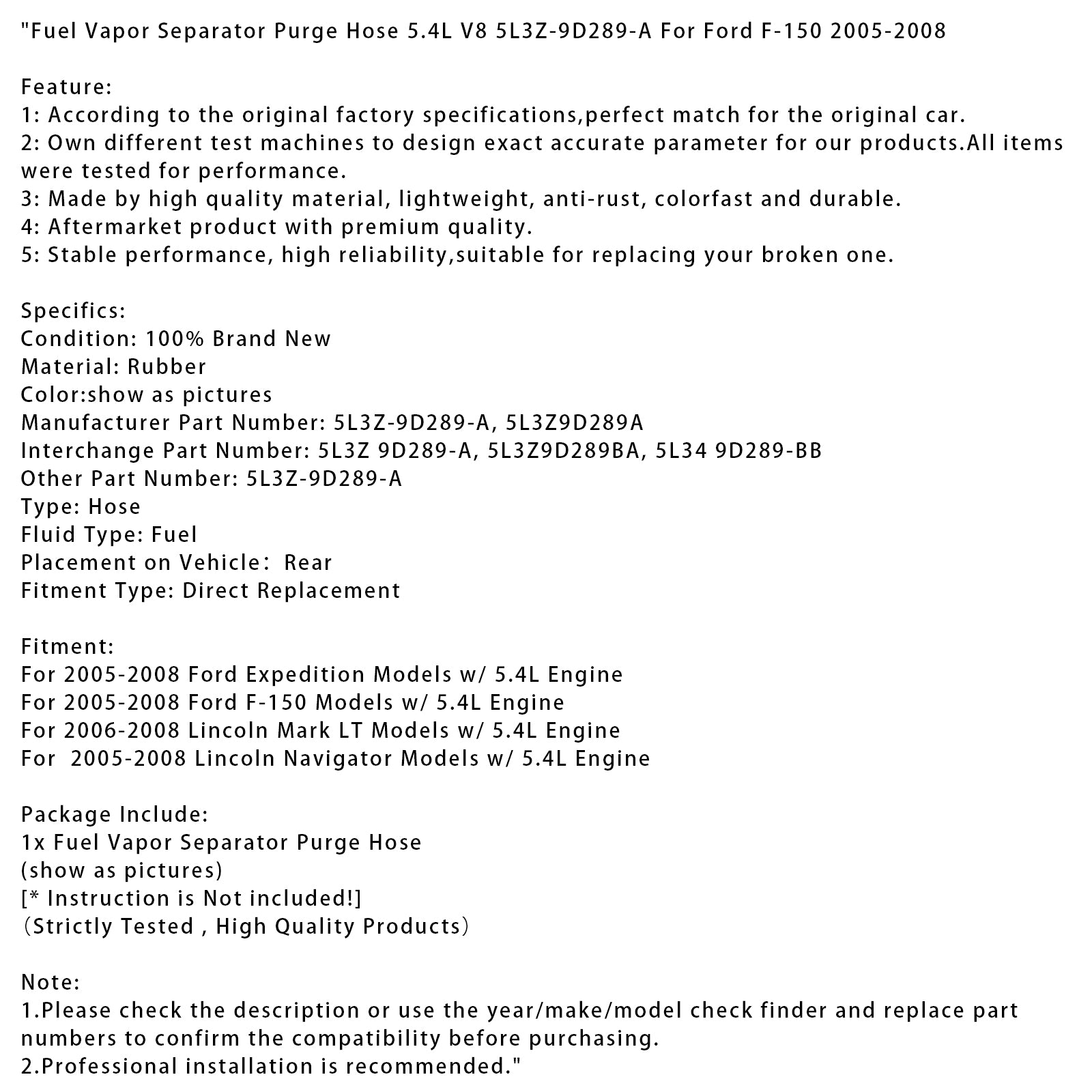 Fuel Vapor Separator Purge Hose 5.4L V8 5L3Z-9D289-A For Ford F-150 2005-2008