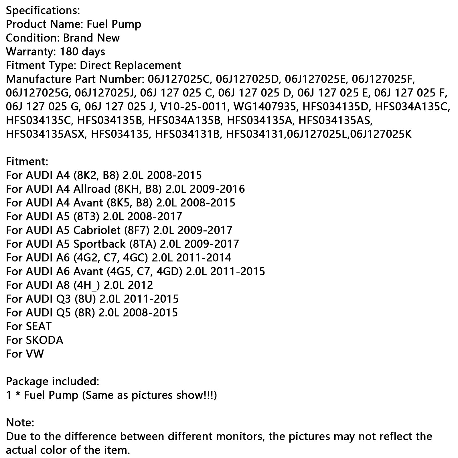 2009-2016 AUDI A4 Allroad (8KH, B8) 2.0L Högtryckspump Bränslepump 06J127025E