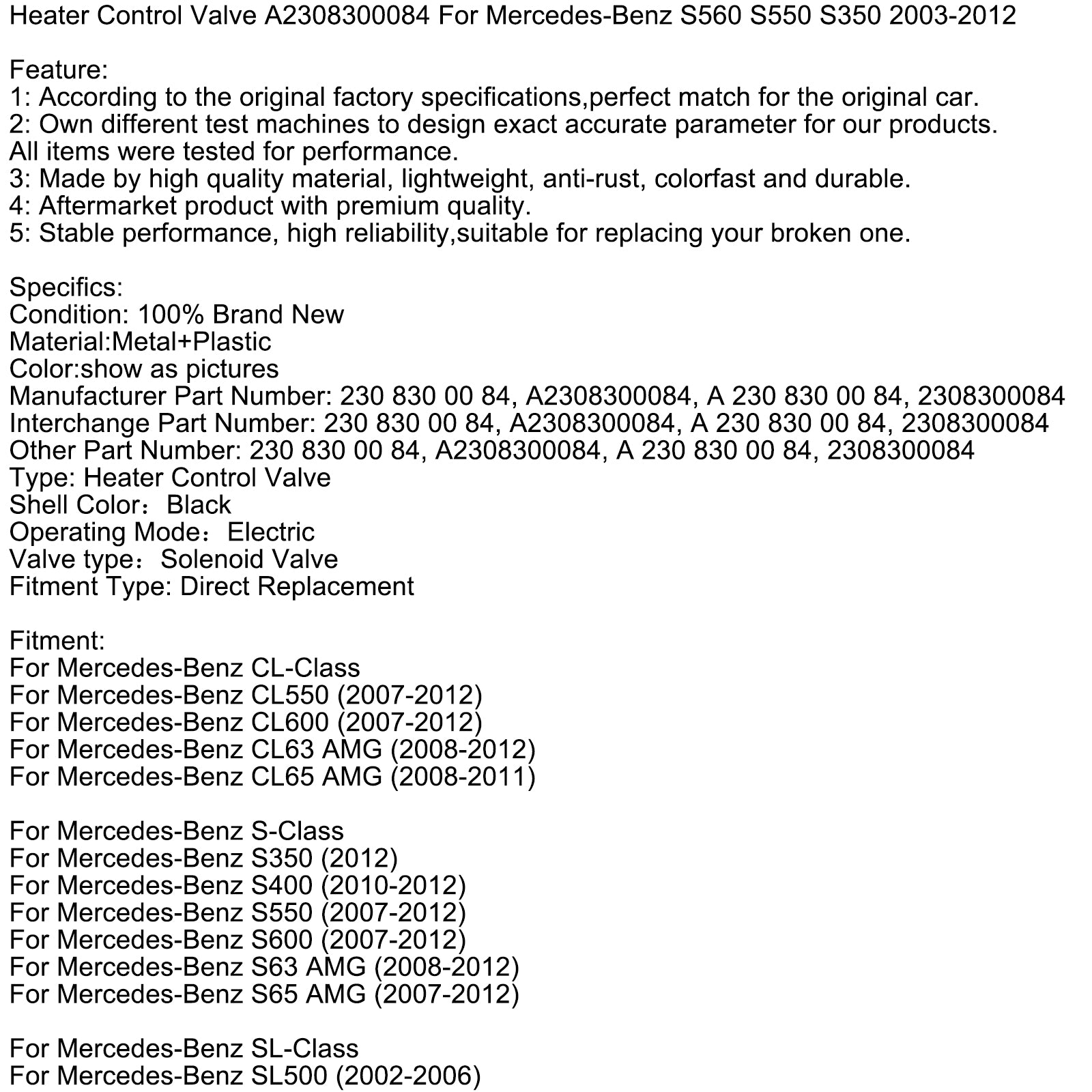 Verwarmingsregelklep A2308300084 voor Mercedes-Benz S560 S550 S350 2003-2012