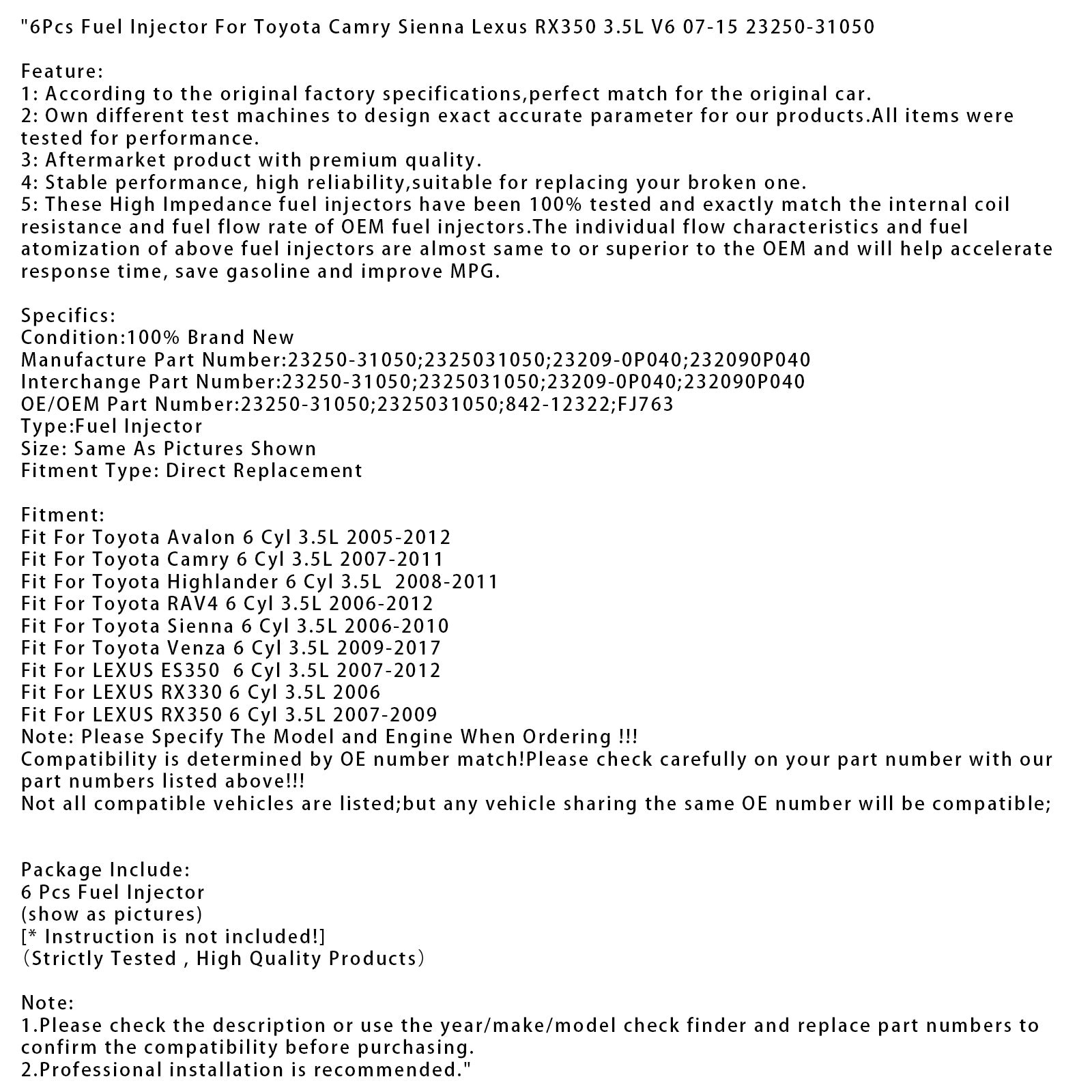 6Pcs Fuel Injector For Toyota Camry Sienna Lexus RX350 3.5L V6 07-15 23250-31050