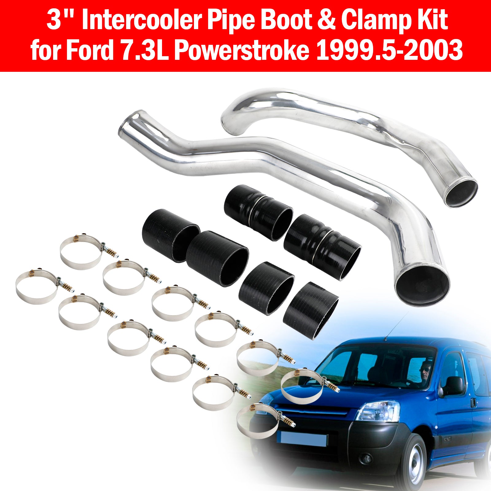 1999.5-2003 Ford 7.3L Powercourse 3" Kit de démarrage et de serrage pour tuyau de refroidisseur intermédiaire