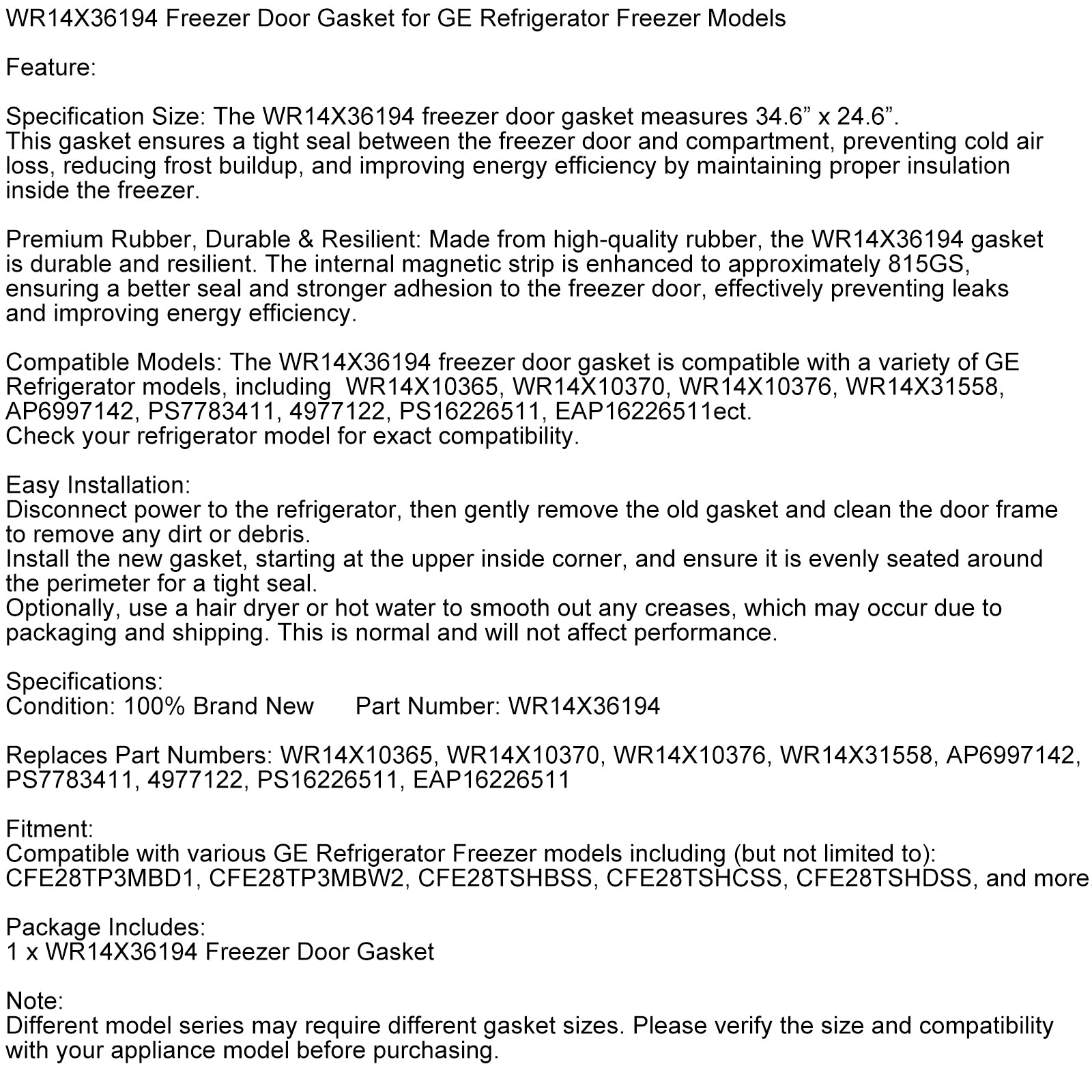 WR14X36194 Freezer Door Gasket for GE Refrigerator Freezer Models WR14X31558