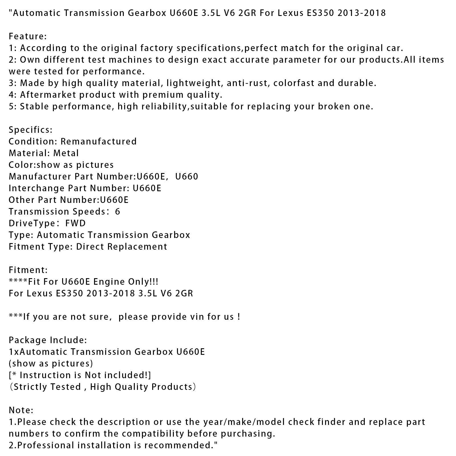 2013-2018 Lexus ES350 Automatic Transmission Gearbox U660E 3.5L V6 2GR