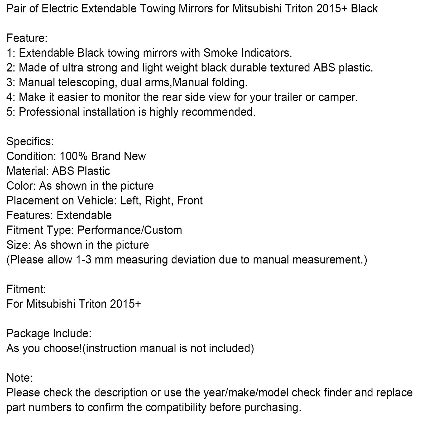 2015+ Pair Mitsubishi Triton Electric Extendable Towing Mirrors for Black