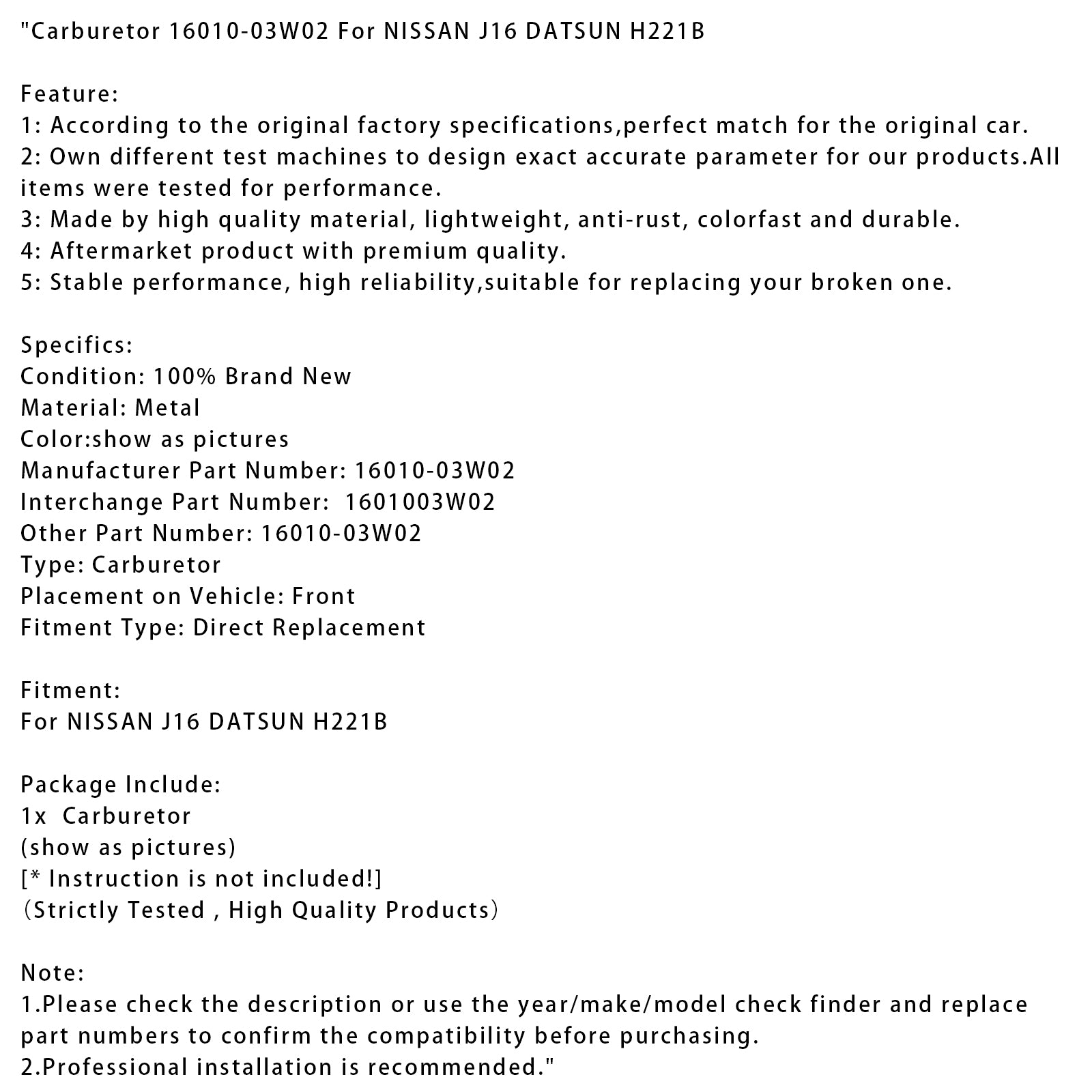 Carburador 16010-03W02 Para NISSAN J16 DATSUN H221B