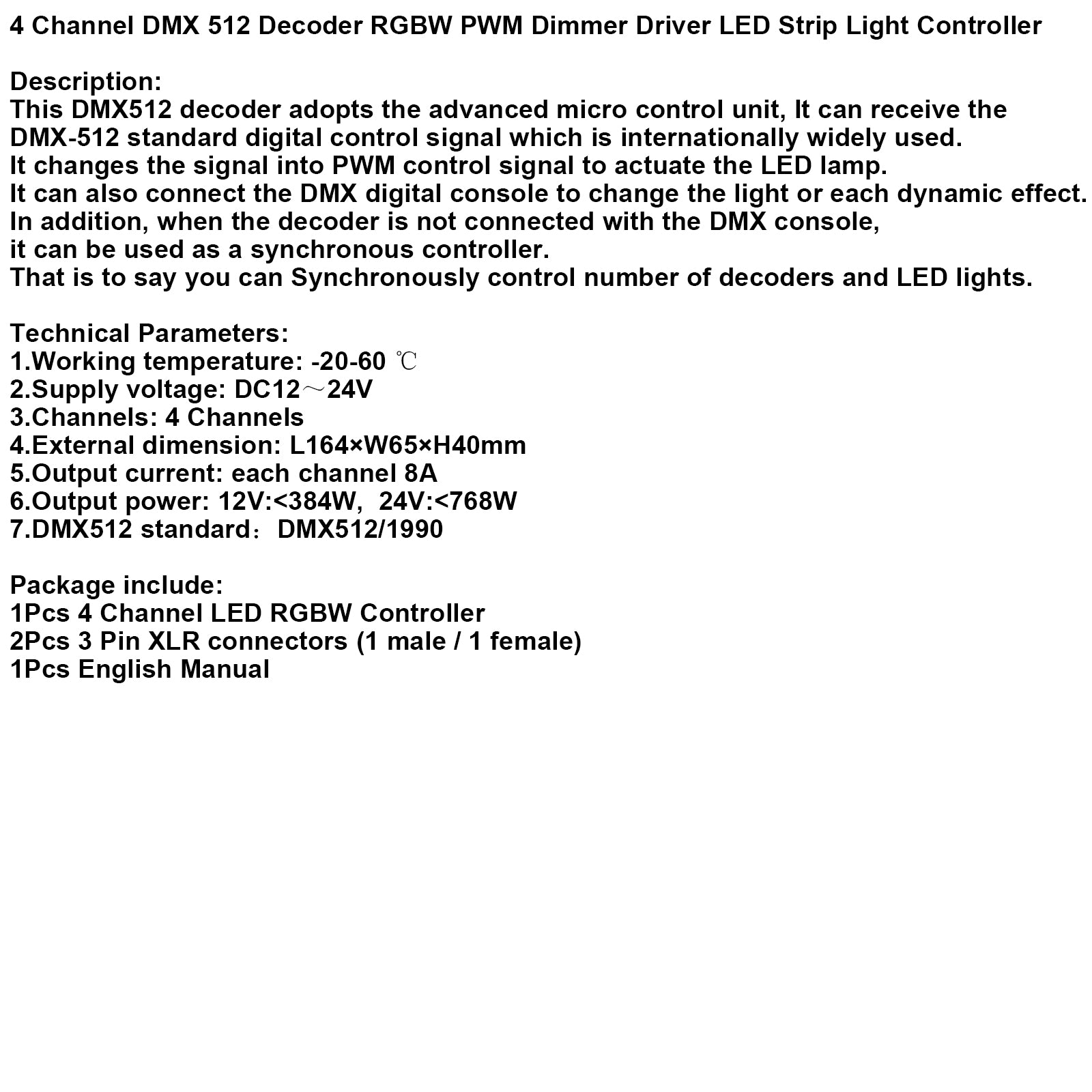 4-kanals DMX 512 dekoder RGBW PWM Dimmer Driver LED Strip Light Controller