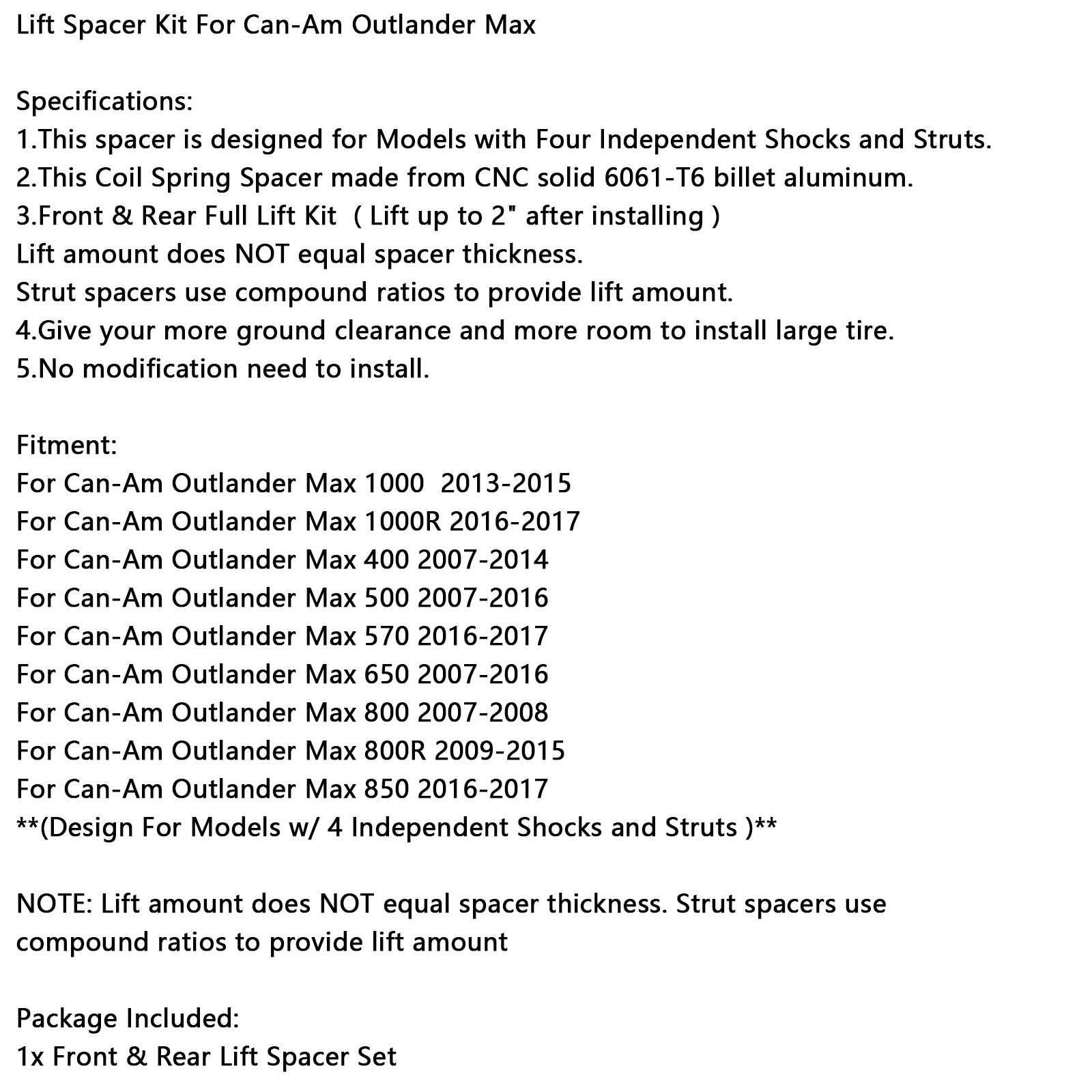 Liftspacerset voor Can-Am Outlander Max 1000/1000R/400/500/570/650/800/850