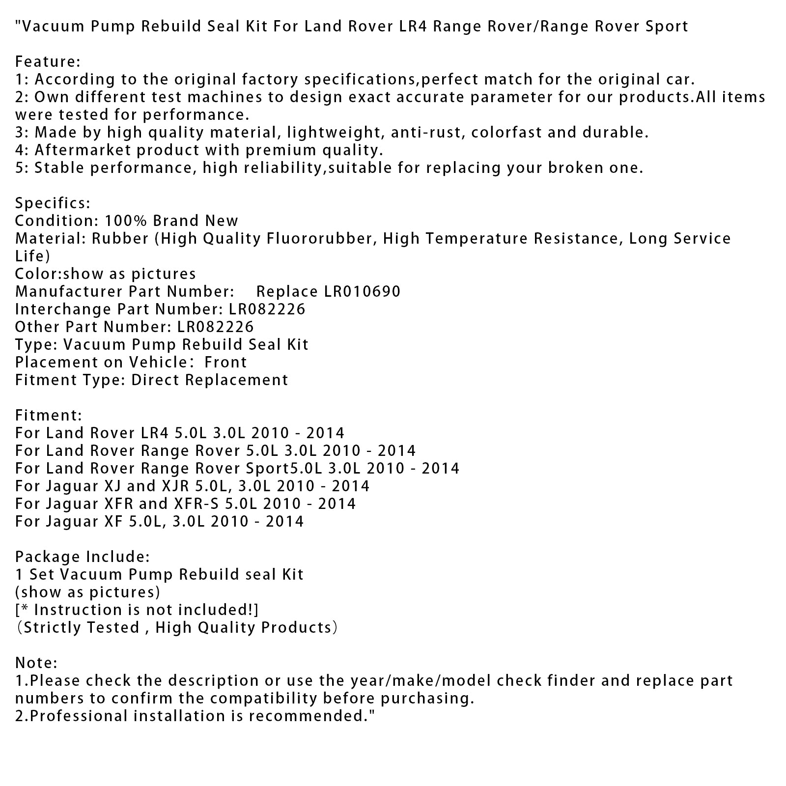 Vakuumpump Rebuild Seal Kit för Land Rover LR4 Range Rover/Range Rover Sport