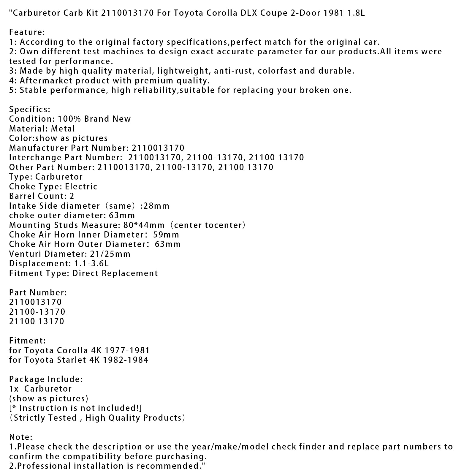 Förgasare Carb Kit 2110013170 för Toyota Corolla DLX Coupe 2-dörr 1981 1.8L