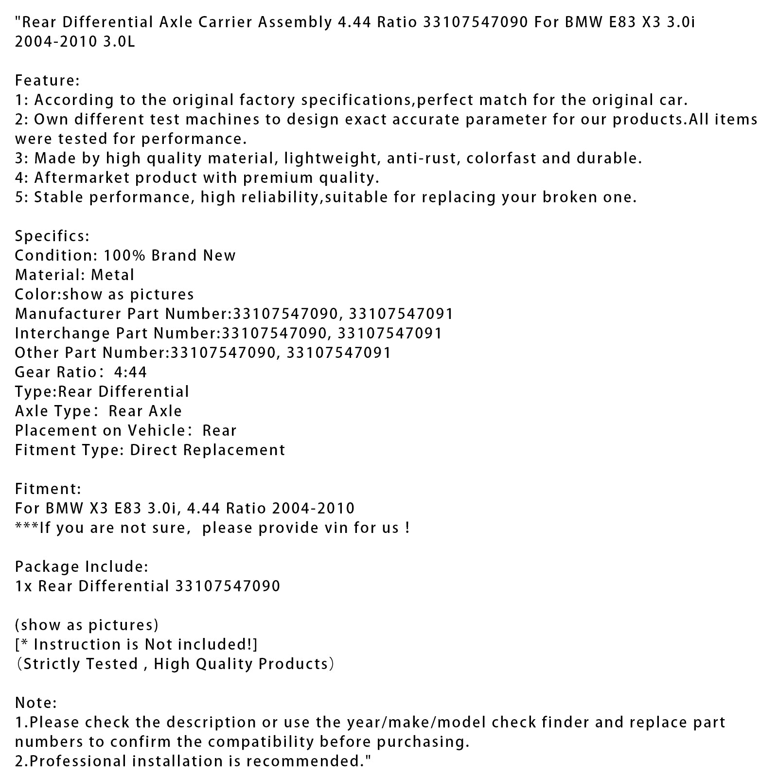 2004-2010 BMW E83 X3 3.0i Rear Differential Axle Carrier 4.44 Ratio 33107547090