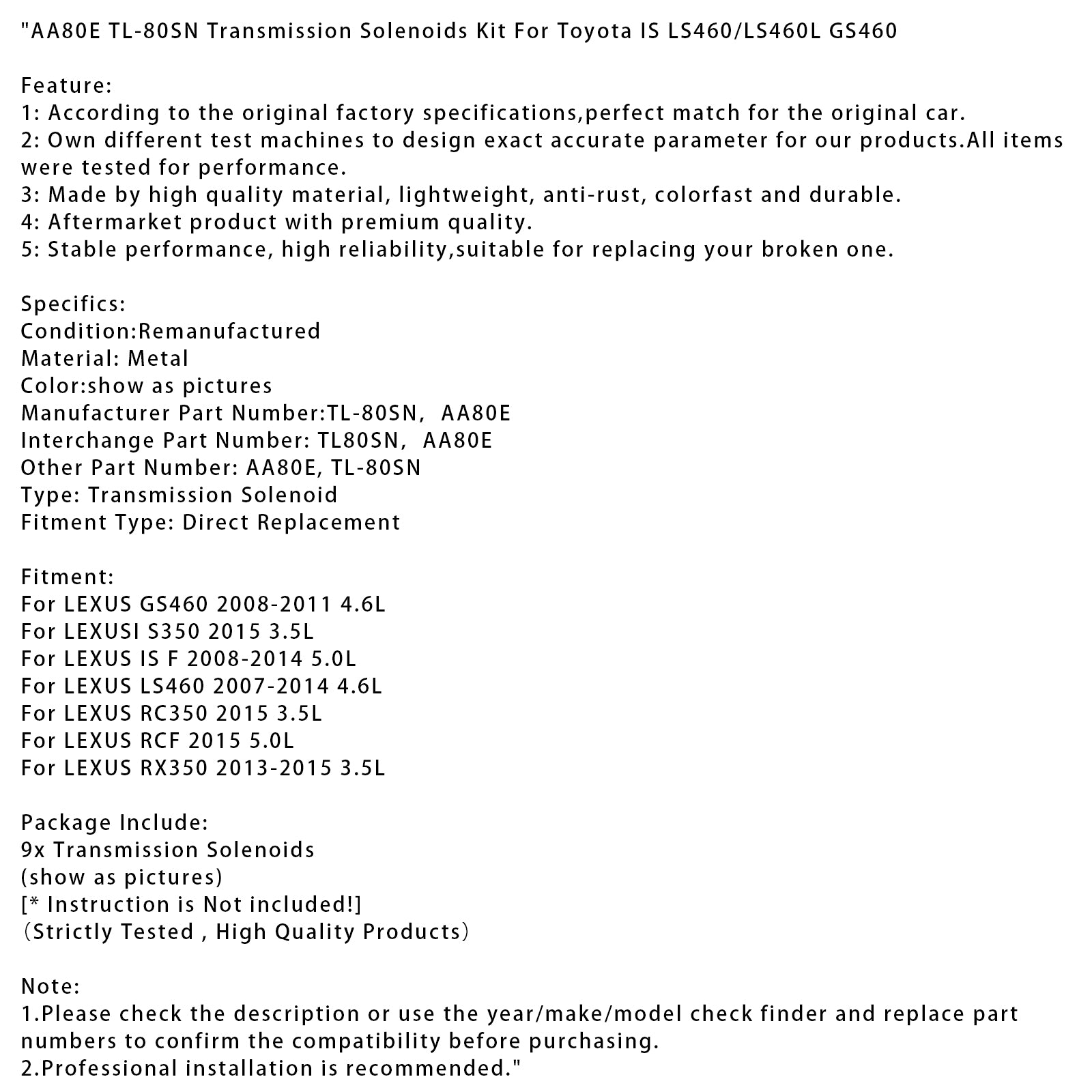 Kit de solénoïdes de transmission LEXUS LS460 4,6 L AA80E TL-80SN 2007-2014