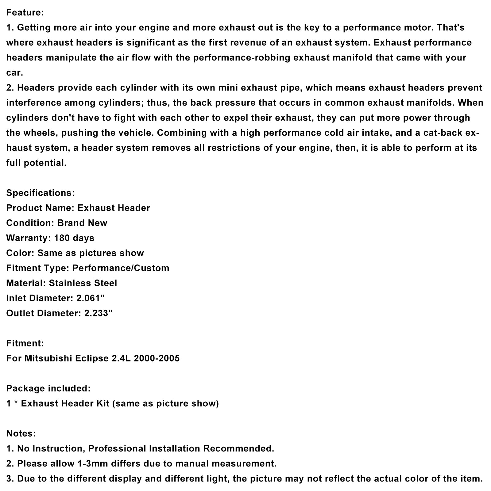 Stainless Exhaust Manifold Header Fit Mitsubishi Eclipse 2.4L 2000-2005