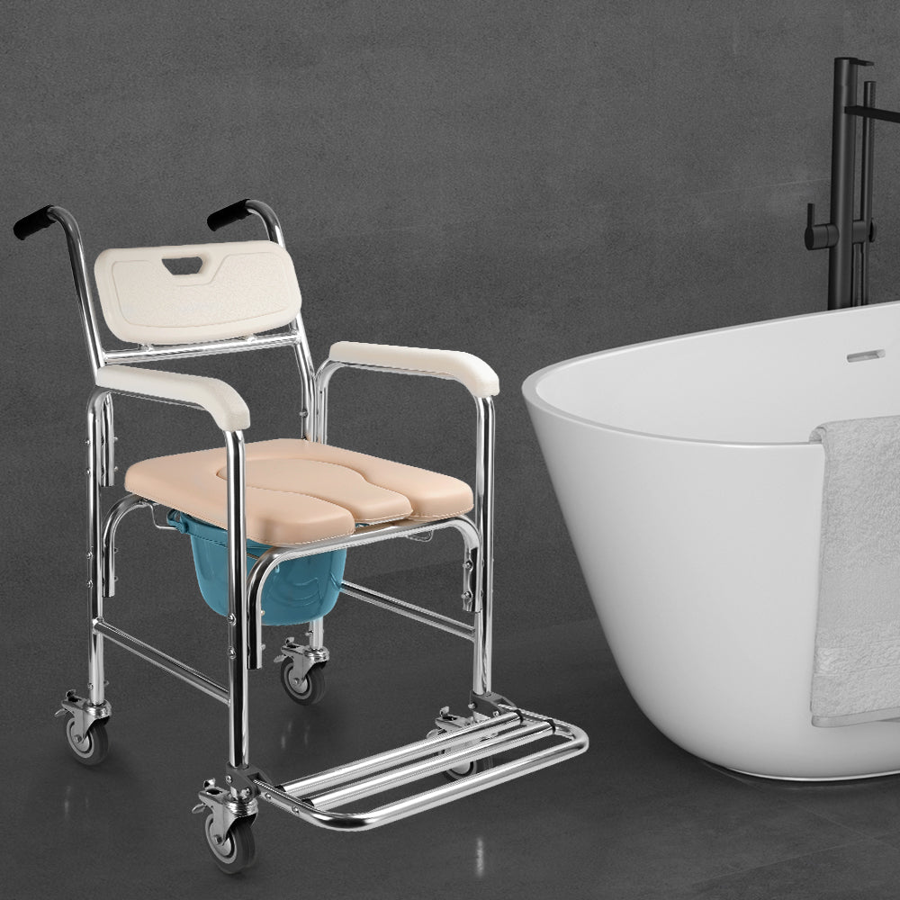 Chaise d'aisance de douche de toilette mobile à roulettes multifonctionnelle avec roues pour personnes âgées