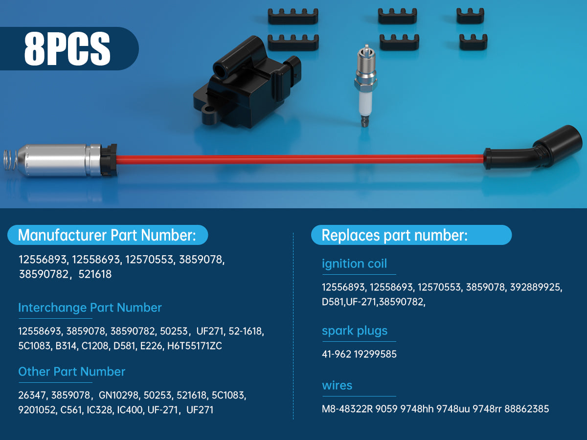 Chevrolet GMC 4.8L 5.3L 6.0L 8.1L 8 Pack Square Ignition Coil & Spark Plug Wire 12556893 12558693 12570553 3859078 38590782 521618