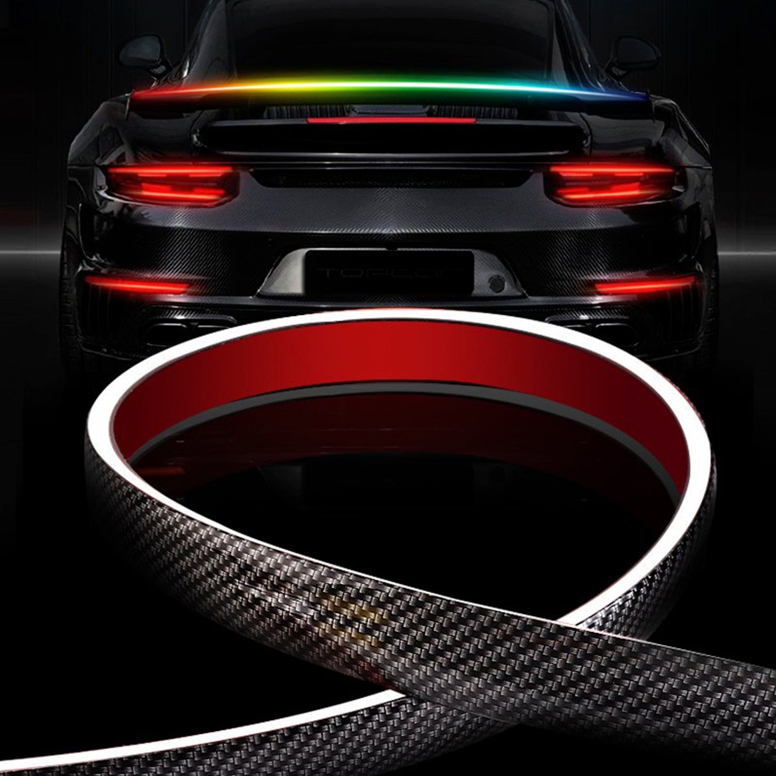 Lámpara de serpentina trasera de coche, luz LED de fibra de carbono, alerón trasero, labio, freno, maletero, multicolor, 1,3 M
