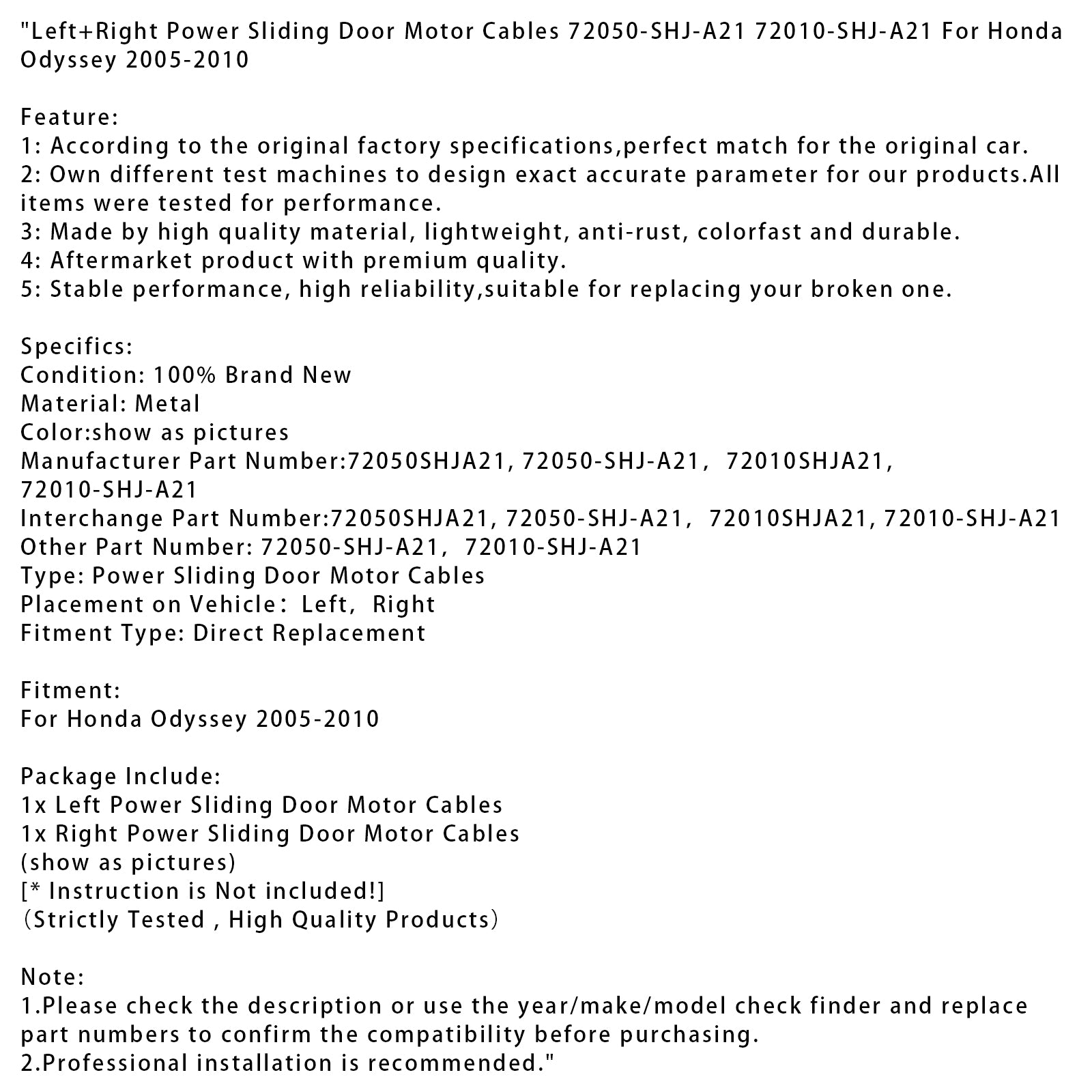 Left+Right Power Sliding Door Motor Cables For Honda Odyssey 2005-2010