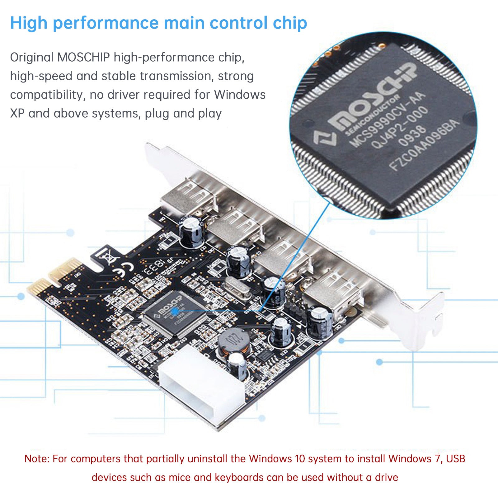 Hub 2.0 PCIe til USB 2.0 Expansion Card Moschip Adapter Card 4pin strømforsyning