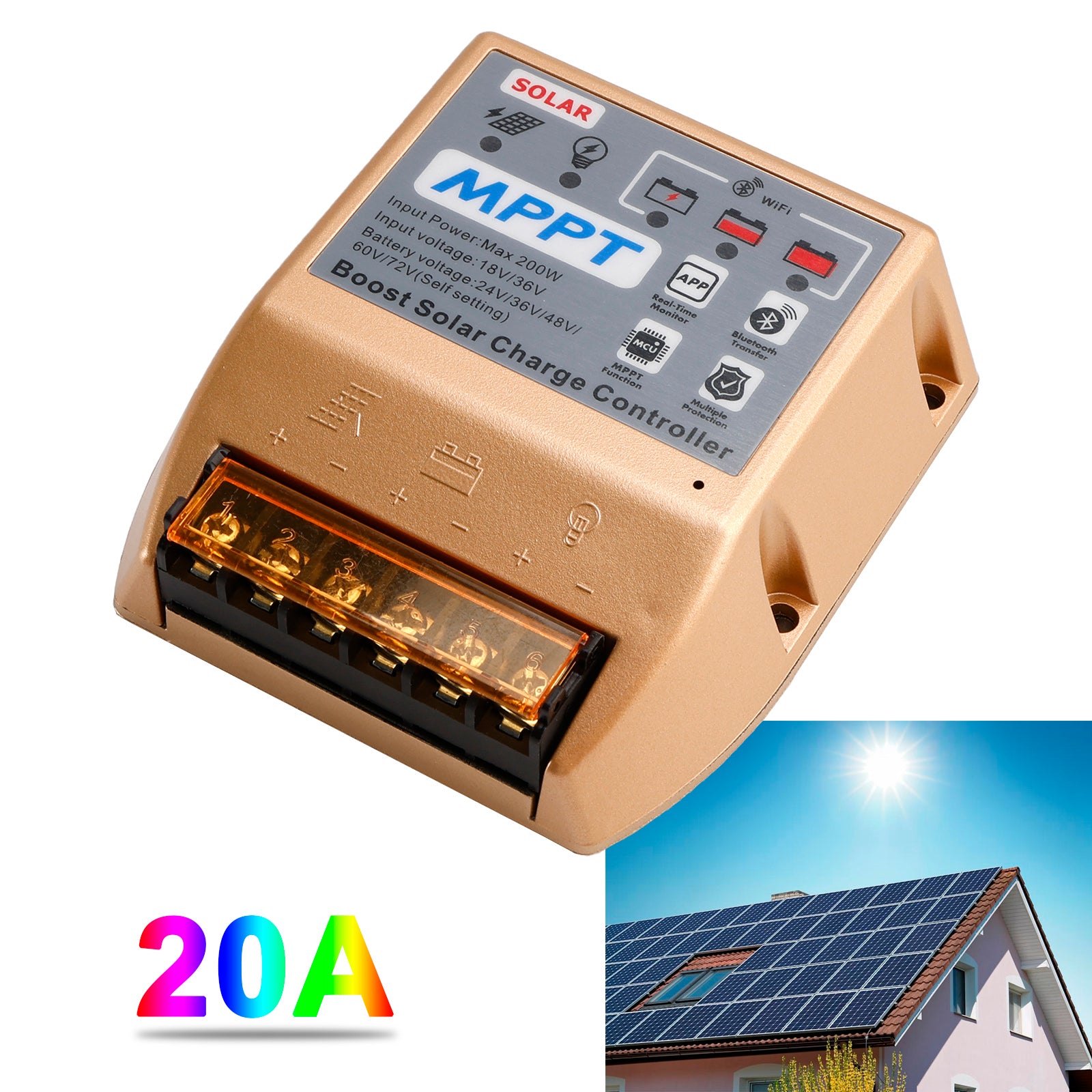 10A/20A/30A Boost MPPT-zonnecontroller 24V36V48V60V72V Mobiele APP Smart Control