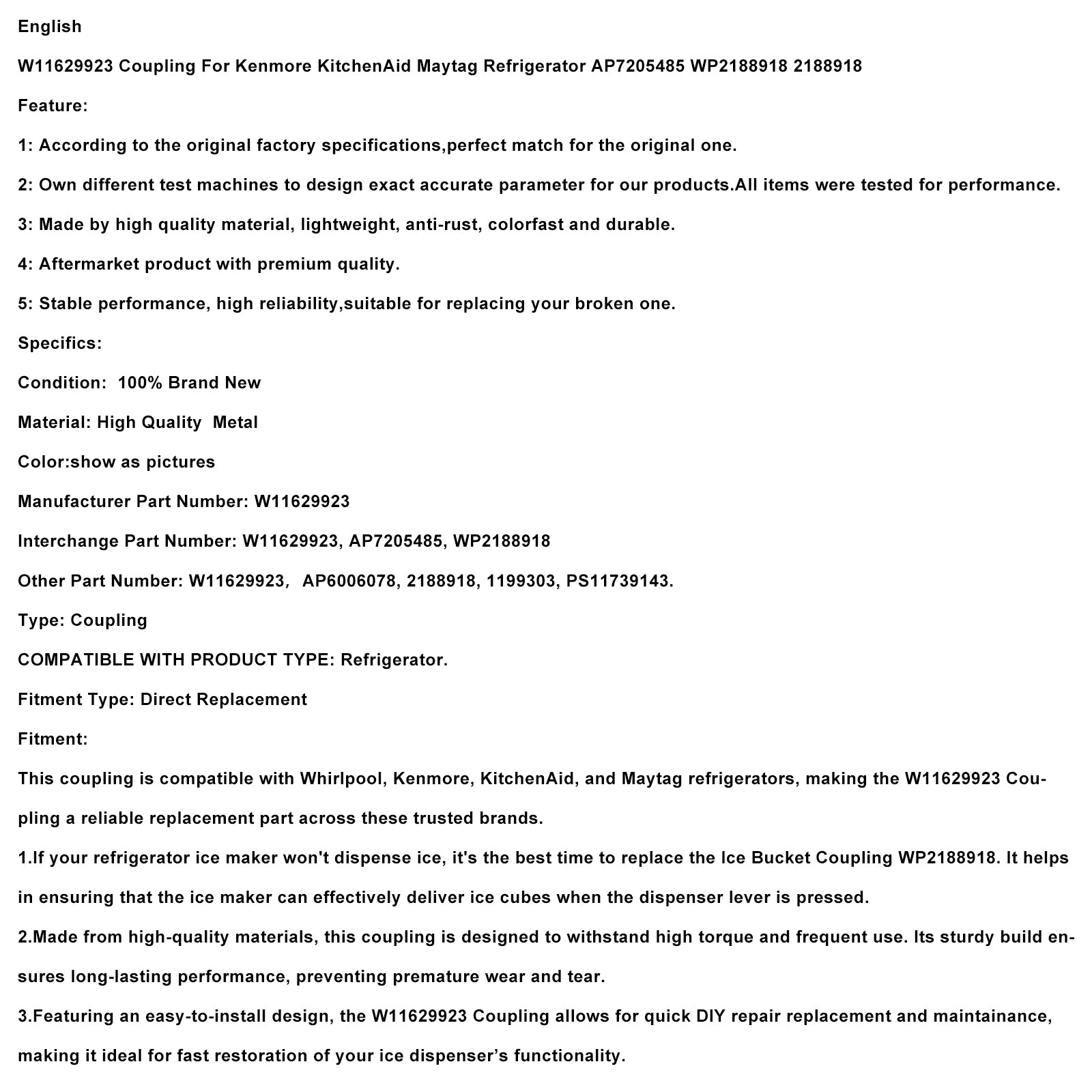 W11629923Spojka pre chladničku Kenmore KitchenAid Maytag AP7205485 WP2188918