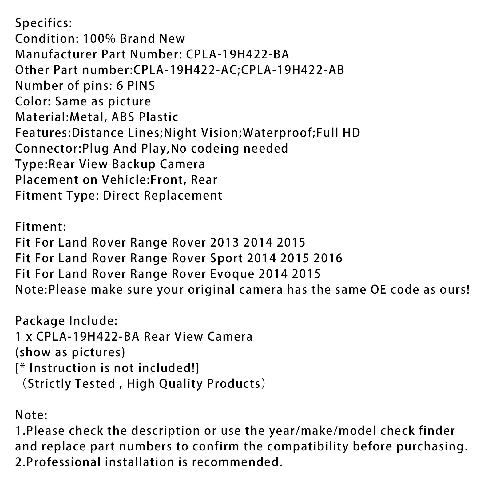 2013 2014 2015 Land Rover Range Rover Achteruitrijcamera Surround Parkeerhulpcamera CPLA-19H422-BA
