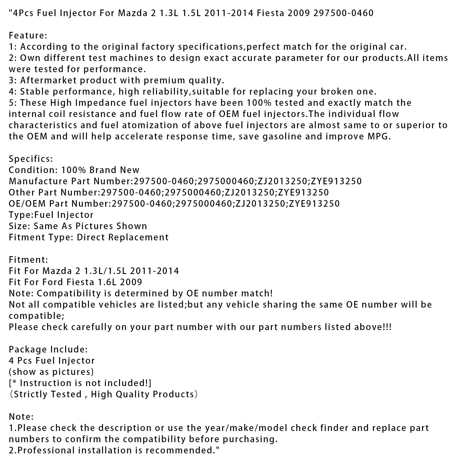 4Pcs Fuel Injector For Mazda 2 1.3L 1.5L 2011-2014 Fiesta 2009 297500-0460