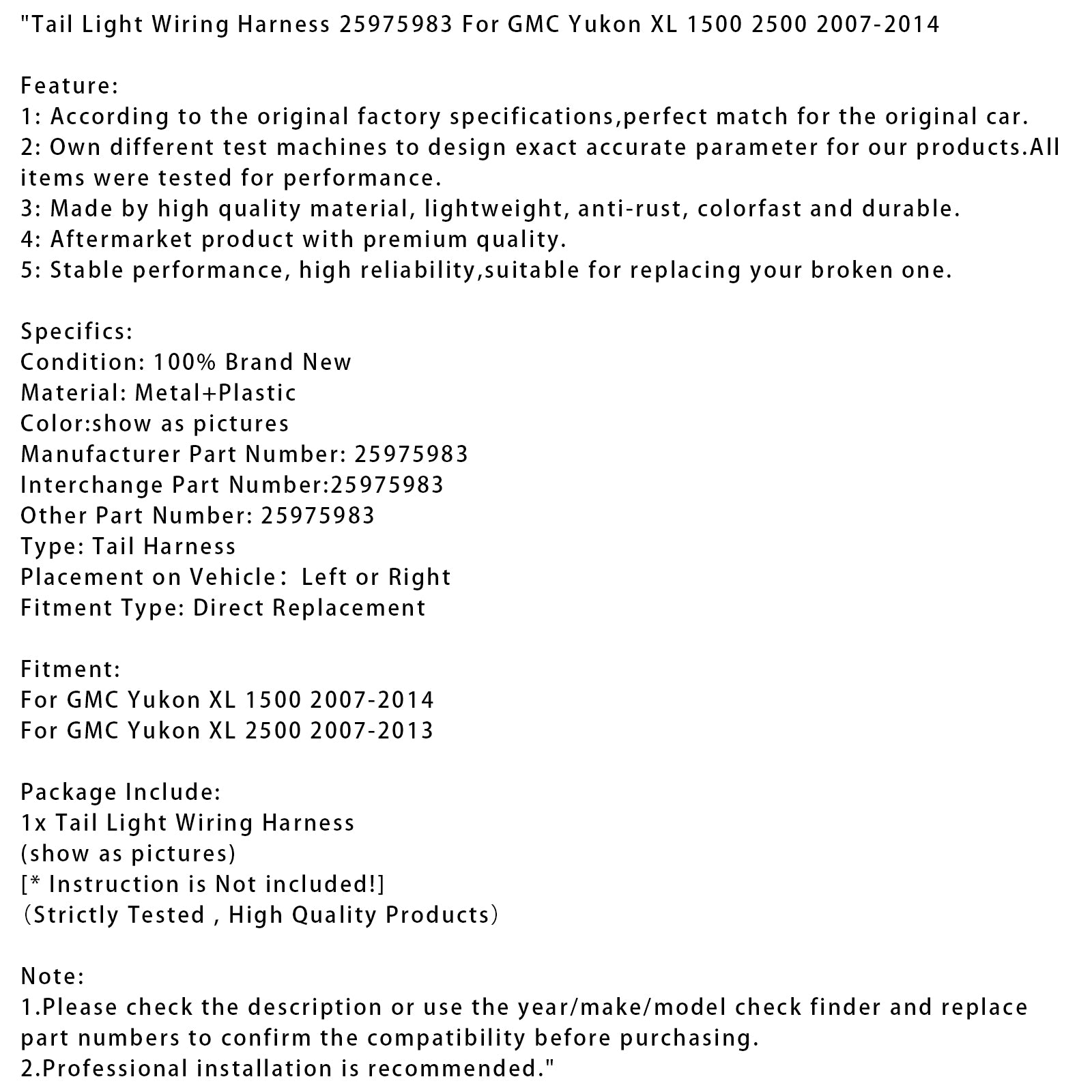 Tail Light Wiring Harness 25975983 For GMC Yukon XL 1500 2500 2007-2014