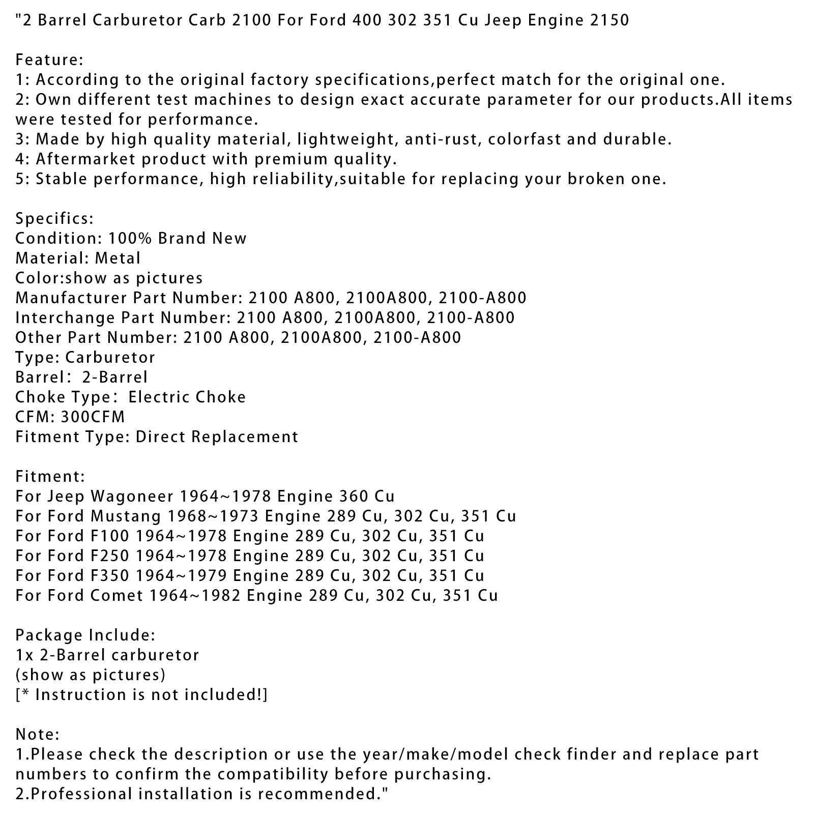 1964~1978 Ford F100 Engine 289 Cu, 302 Cu, 351 Cu 2 Barrel Carburetor Carb 2100 2100A800