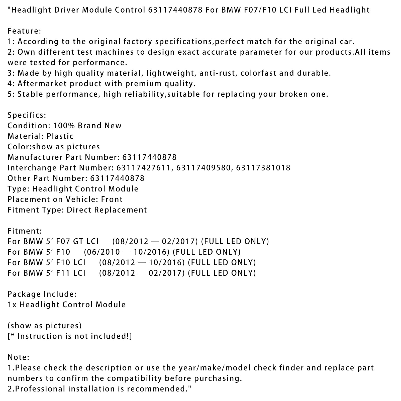 06/2010-10/2016 BMW 5' F10 (FULL LED ONLY) Headlight Driver Module Control 63117440878