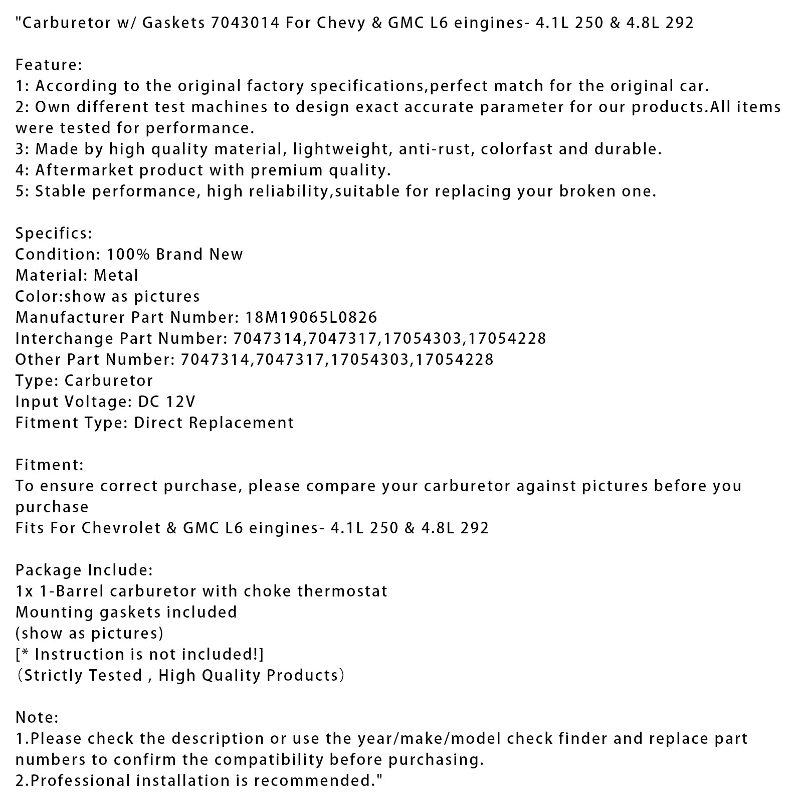 Carburateur avec joints 7043014 pour Chevy & Moteurs GMC L6 - 4,1 L 250 & 4,8 L 292