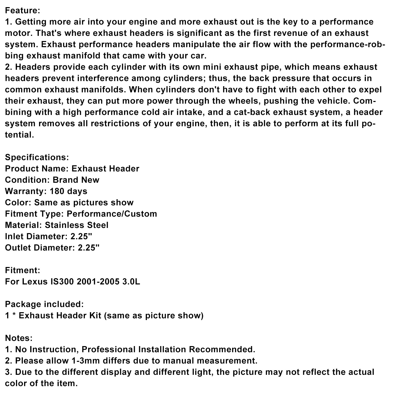 Stainless Steel Exhaust Manifold Header Fit Lexus IS300 2001-2005 3.0L Black