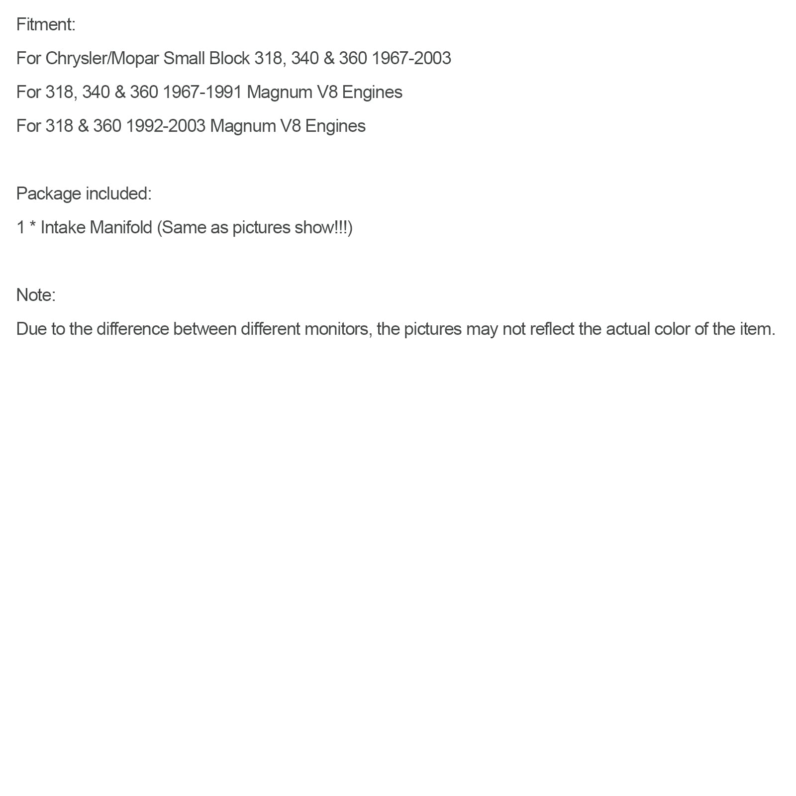 Intake Manifold Fit Chrysler Mopar Small Block 318 340 360 1967-2003 Aluminum