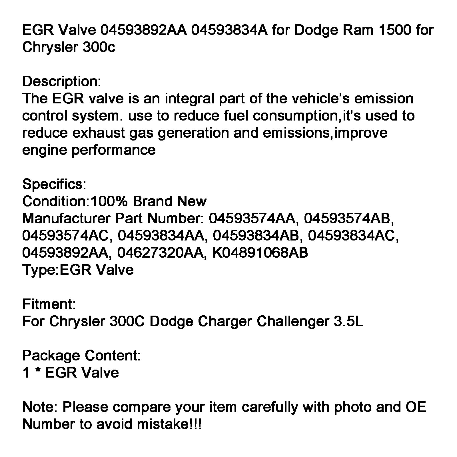 Vanne EGR Chrysler 300C Dodge Charger Challenger 3,5 L 04593892AA 04593834A