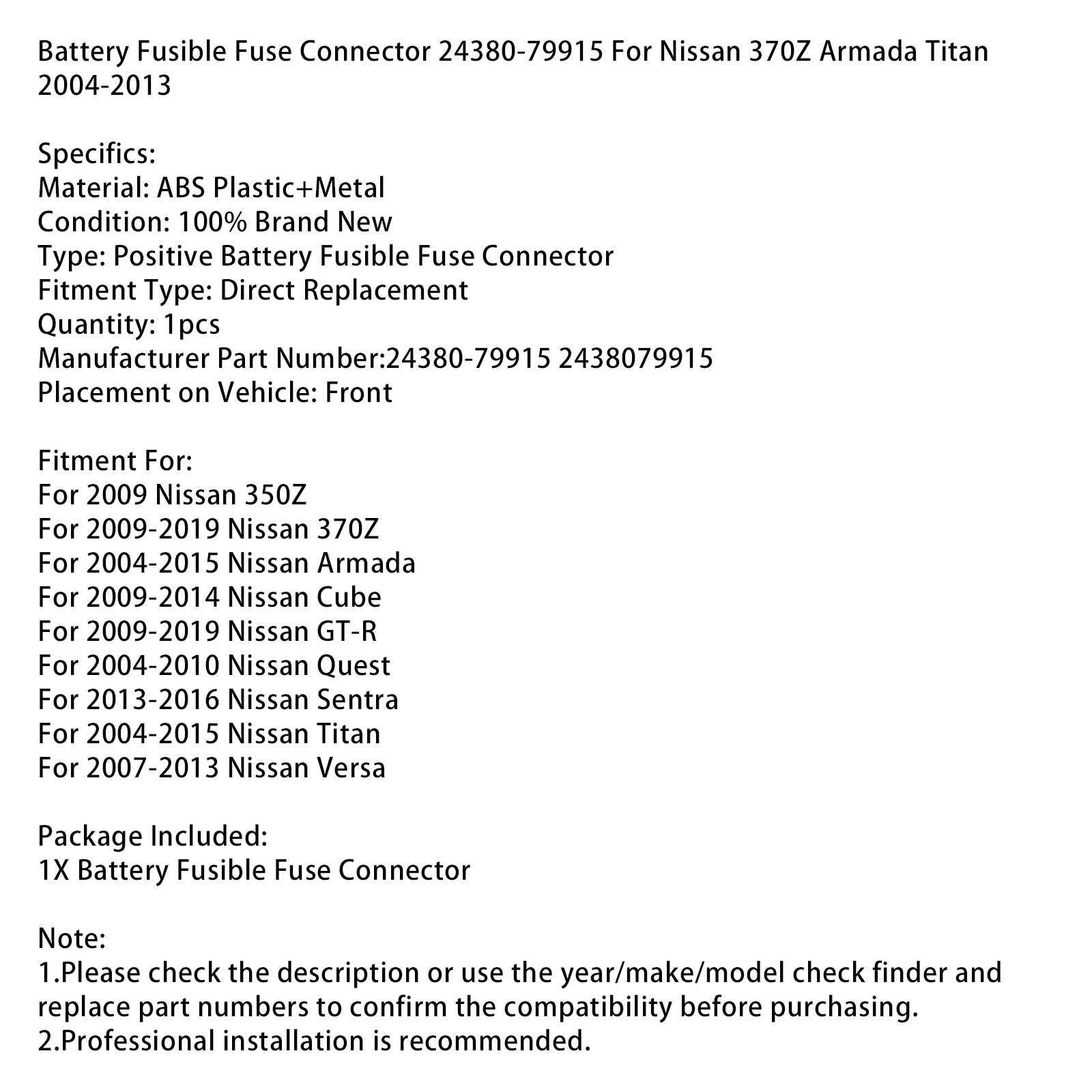 Connecteur de fusible fusible batterie 24380-79915 pour Nissan 370Z Armada 2004-2013