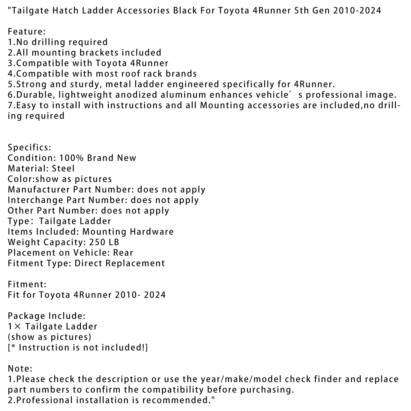 2010-2024 Toyota 4Runner 5ta generación Accesorios de escalera para puerta trasera, color negro