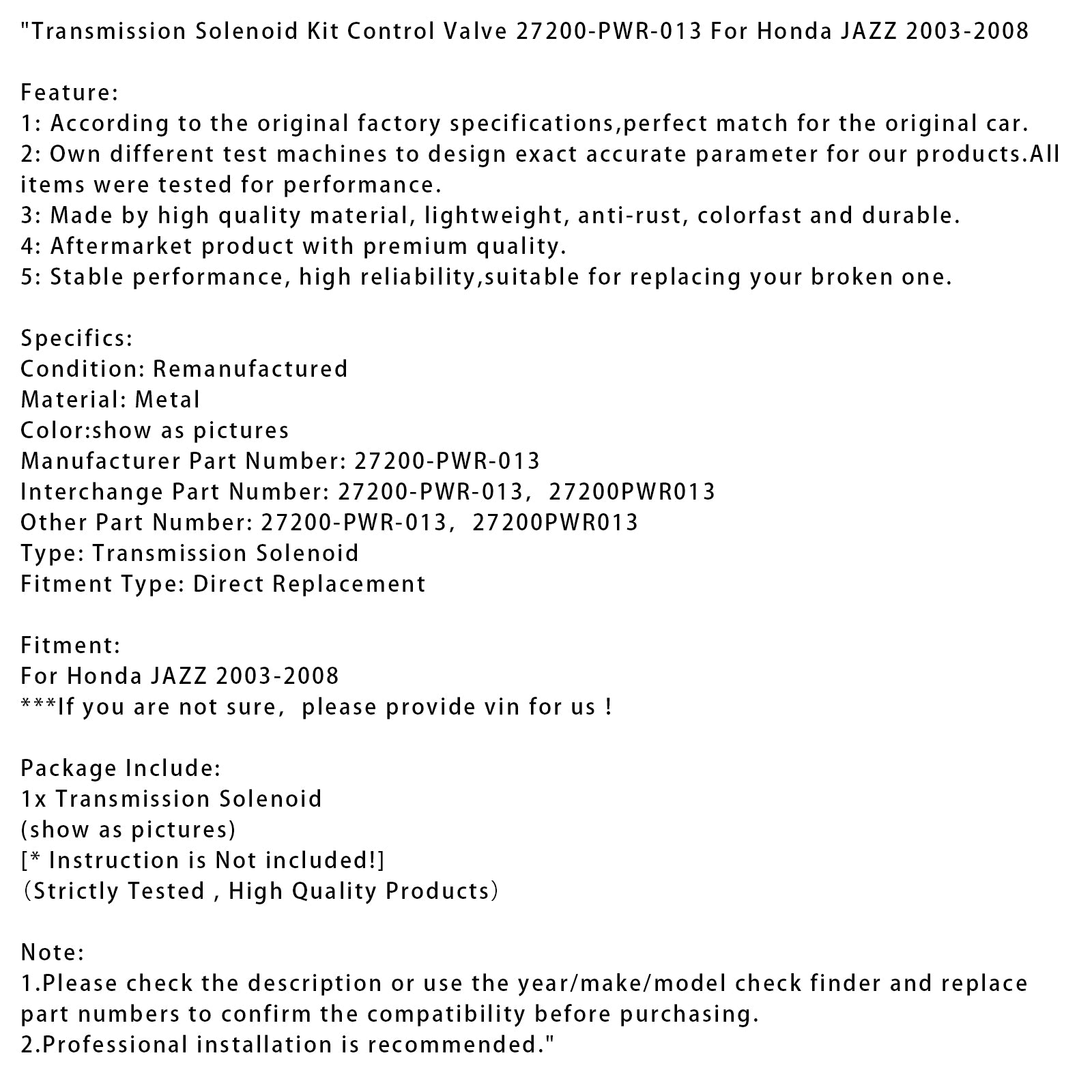 2003-2008 Honda JAZZ Transmission Solenoid Kit Control Valve 27200-PWR-013