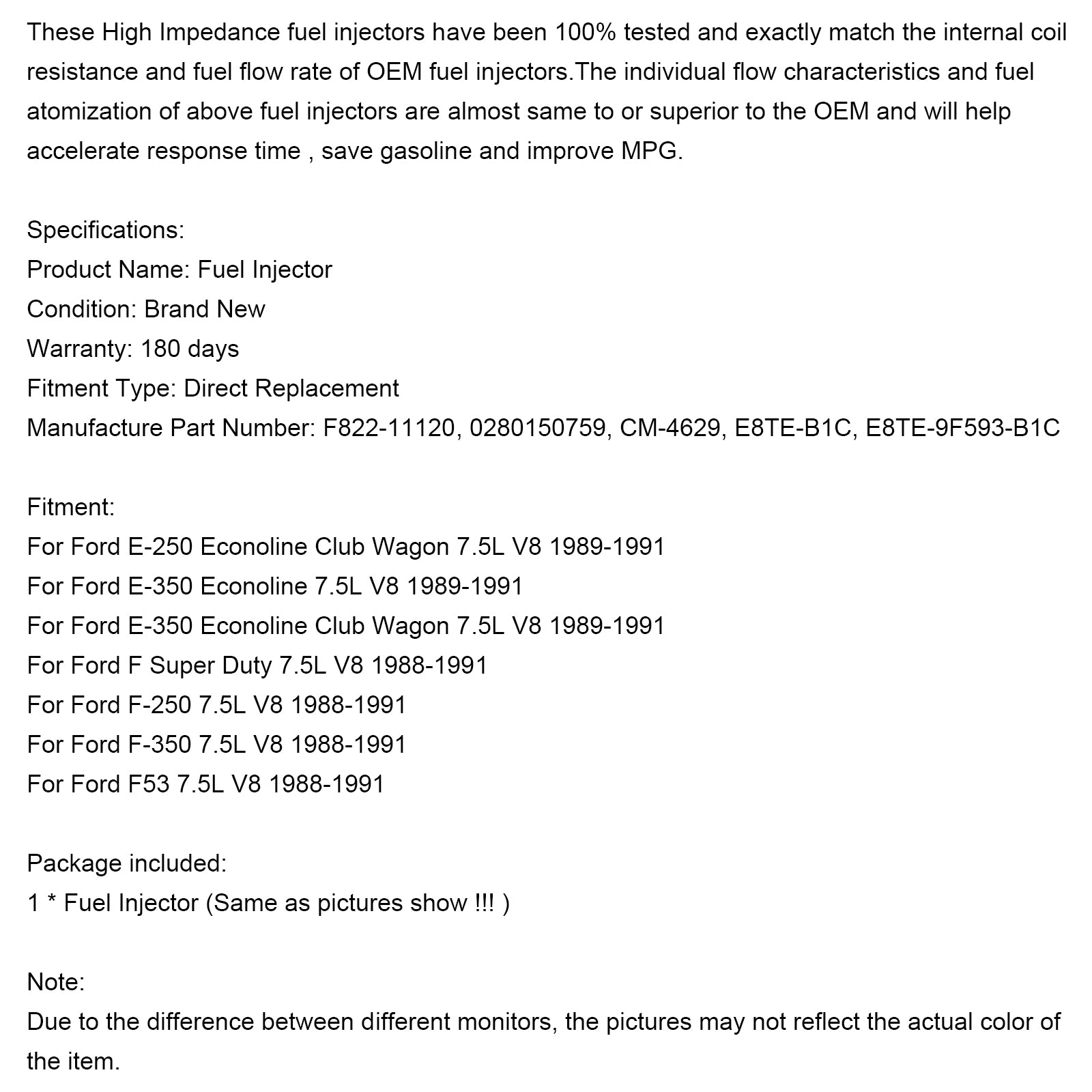 1PCS Fuel Injector 0280150759 Fit Ford E-250 E-350 7.5L V8 1988-1991 822-11120